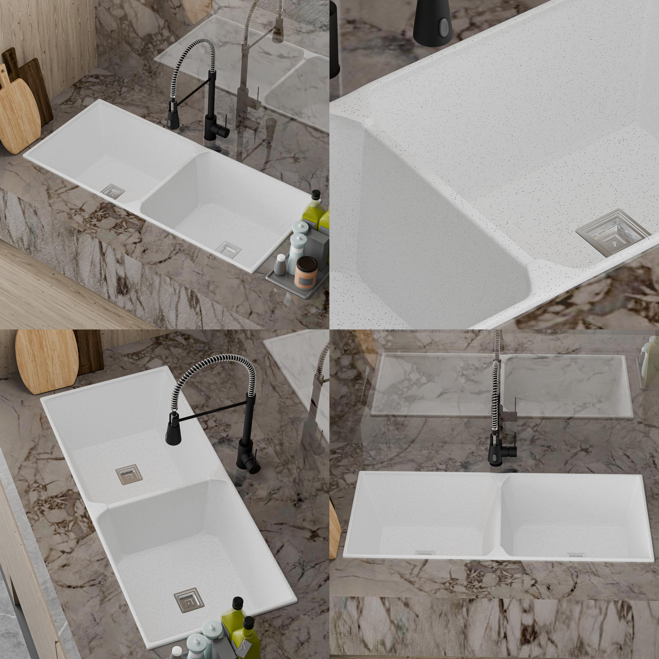 HISRE Double Bowl Quartz Kitchen Sink 45x20x9 Inches | Spacious Deep Basin, Durable Scratch-Resistant, Noise-Reducing, Easy-to-Clean Sink for Modern Kitchens | White, photo 4 of 5