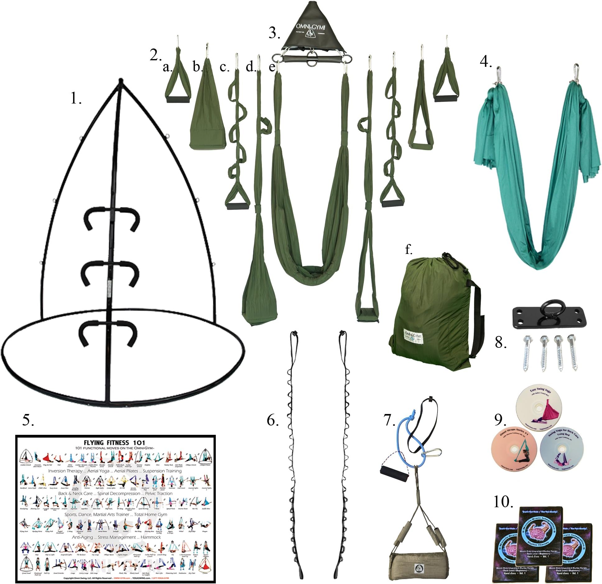 The Works- 14 Piece Bundle with Yoga Swing, Spring Trapeze, Stand, Instructional Poster, DVDs and Neck Traction for Inversion, Back Pain, Aerial Fitness (Black Stand, Green Swing, 7'11")