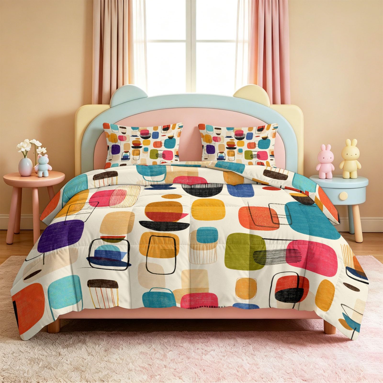 Couette 135x200 Géométrique Color Block, 4 Saisons Couette 1 Personnes Réversible sans Housse - Douce et Confortable Couverture Quilting Abstrait Pop Art pour Adultes