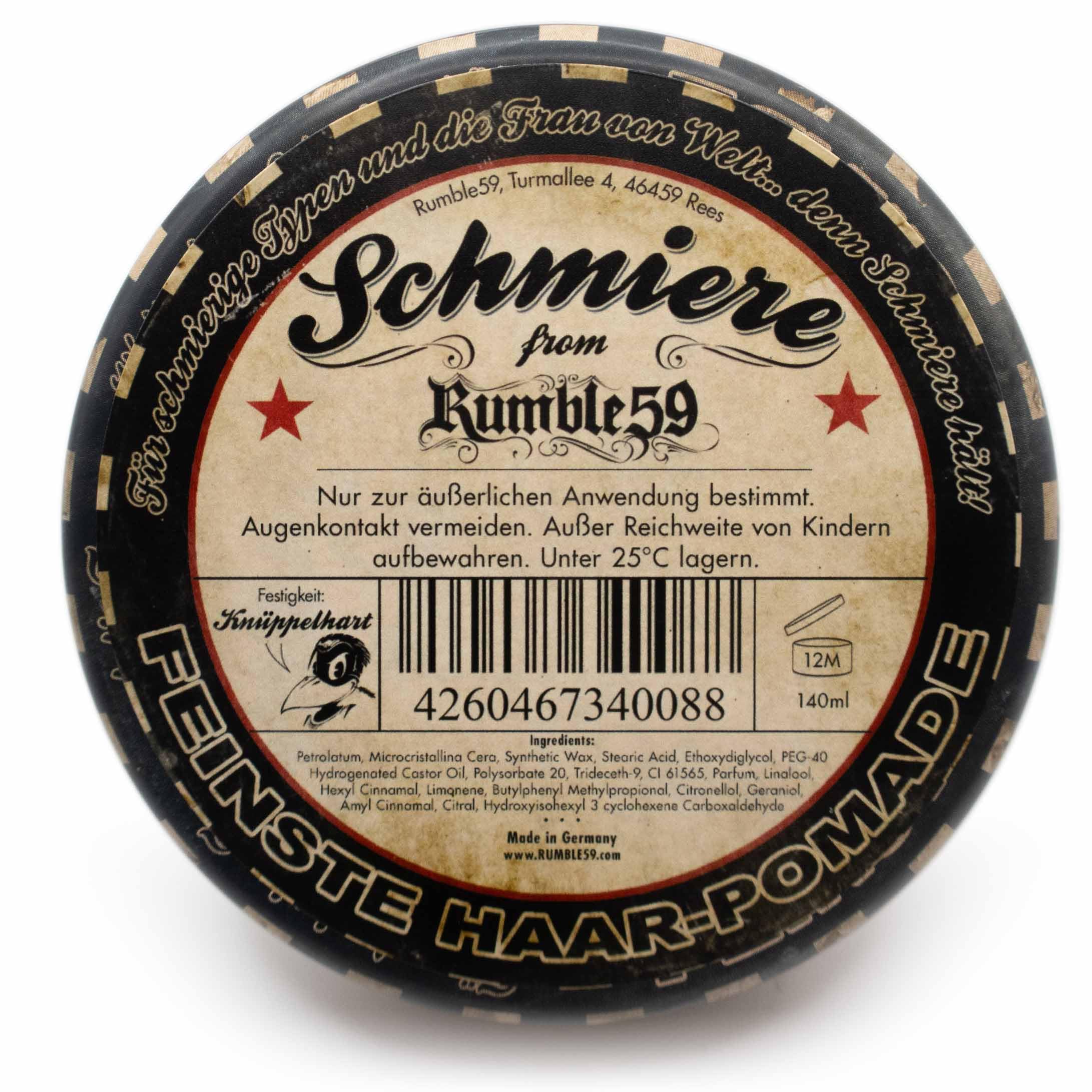 Rumble59 - Schmiere Pomade Herren - Klassiker mit Rasierwasser Duft - 140 ml, extra starker Halt - wachsbasierte Haar Pomade für sehr dicke und widerspenstige Haare - Hairstyling Made in Germany