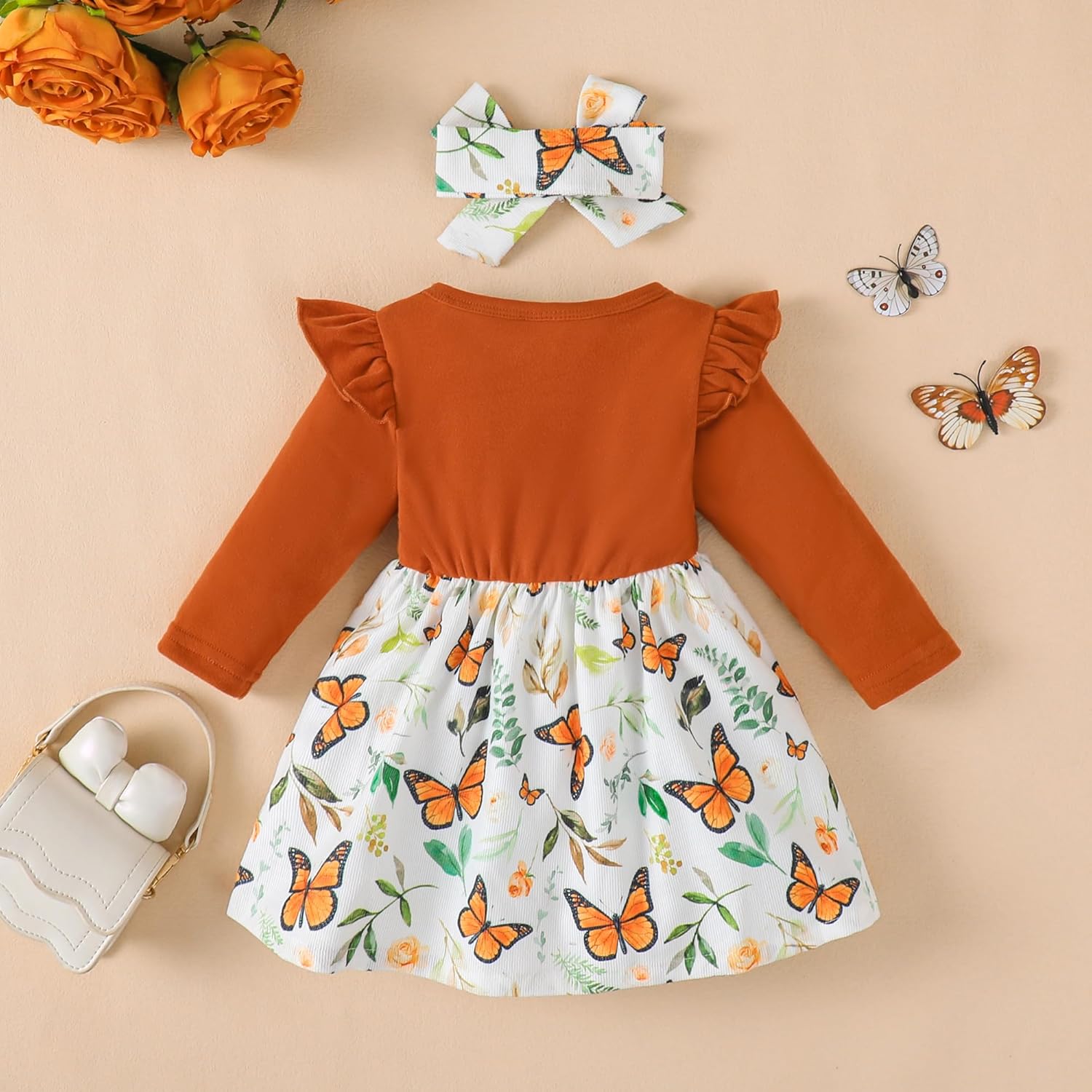 Baby Toddler Girl Dress Outfit Fall Winter Clothes Crew Neck Corduroy Long Sleeve Dresses with Bow Headband - Image 2