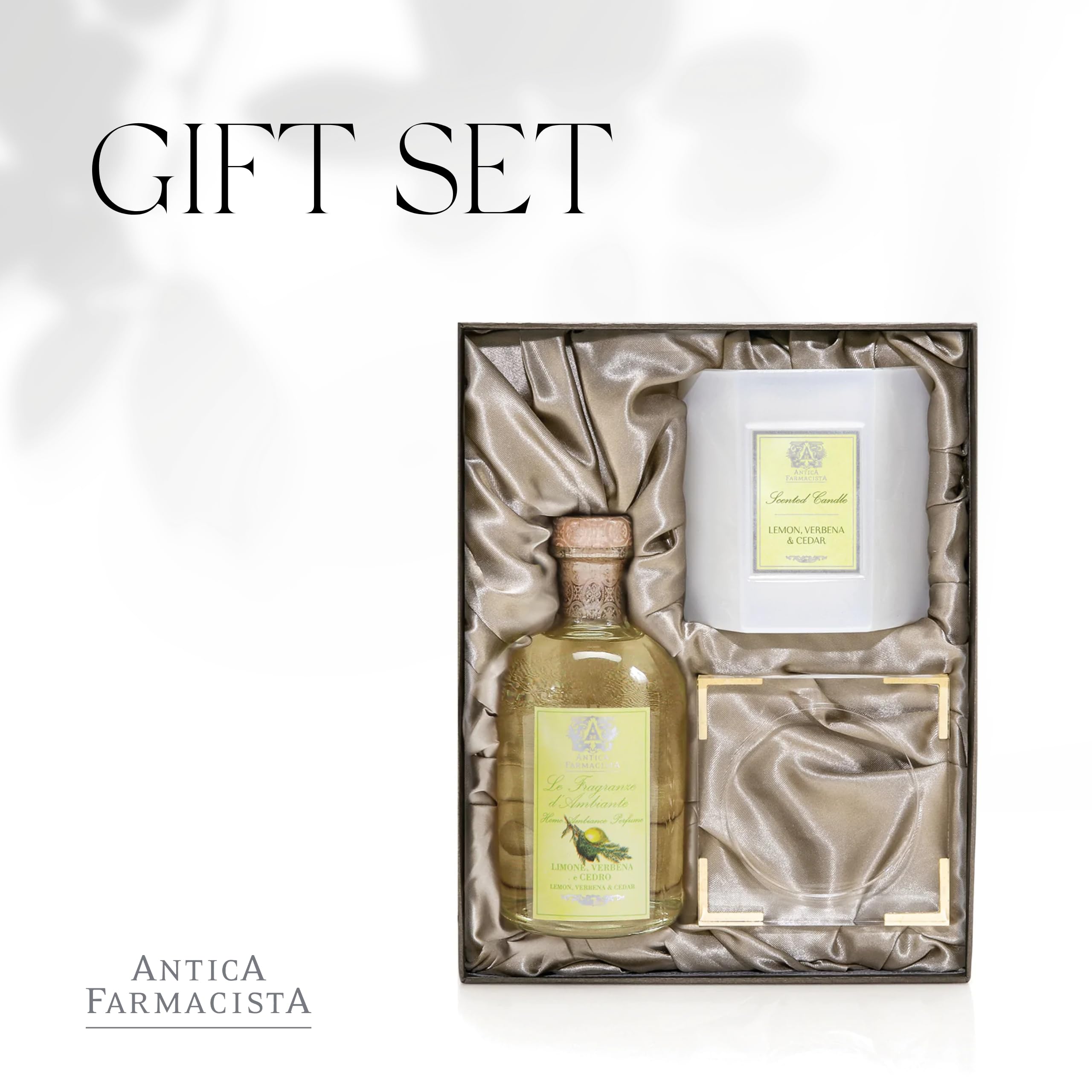Antica Farmacista Gift Set with Reed Diffuser, Candle & Tray - Bath & Body Gift Set for Women - Lemon Verbena & Cedar