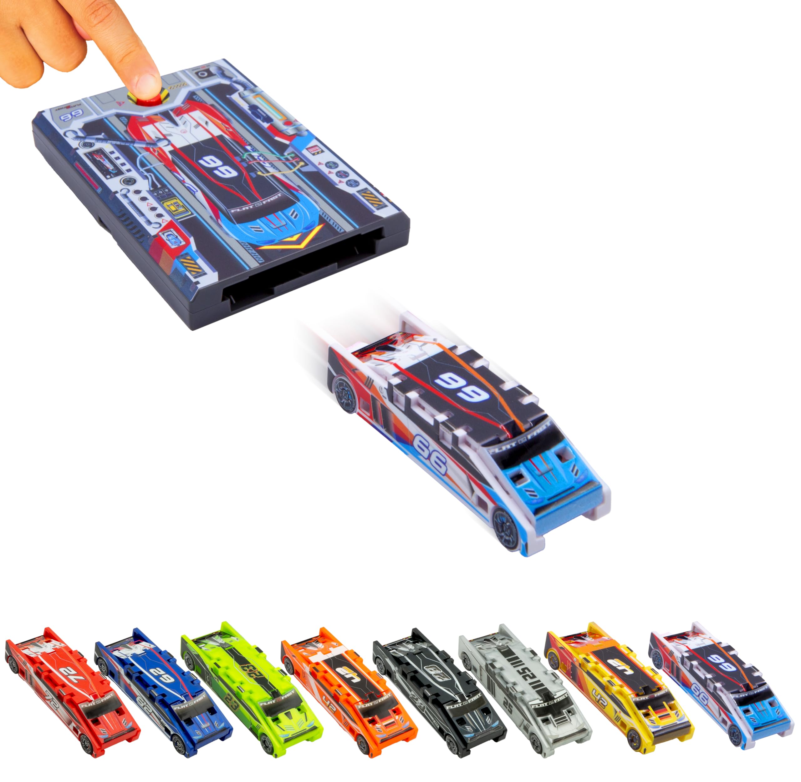 FLAT 2 FAST Original Stunt Card Racer – Flat Car Racer and Pocket Size Racecar Launcher with Built-in Button for Stunt Launching and Racing – Compact – Sky Blue