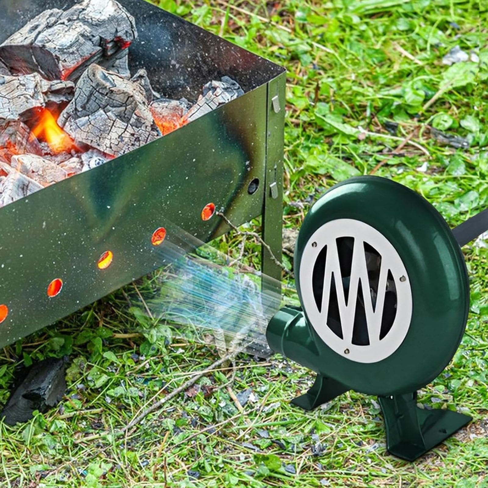 Ręczna dmuchawa do grillowania, ręczny wentylator do popcornu, przenośny grill rozrusznik płomienia, metalowe ostrze wentylatora, z narzędziem do korby ręcznej (200 W)