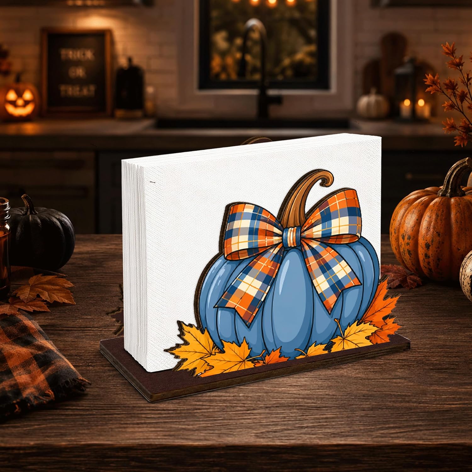 Blue Pumpkin Halloween Autumn Fall Decor Wood Napkin Holder for Table