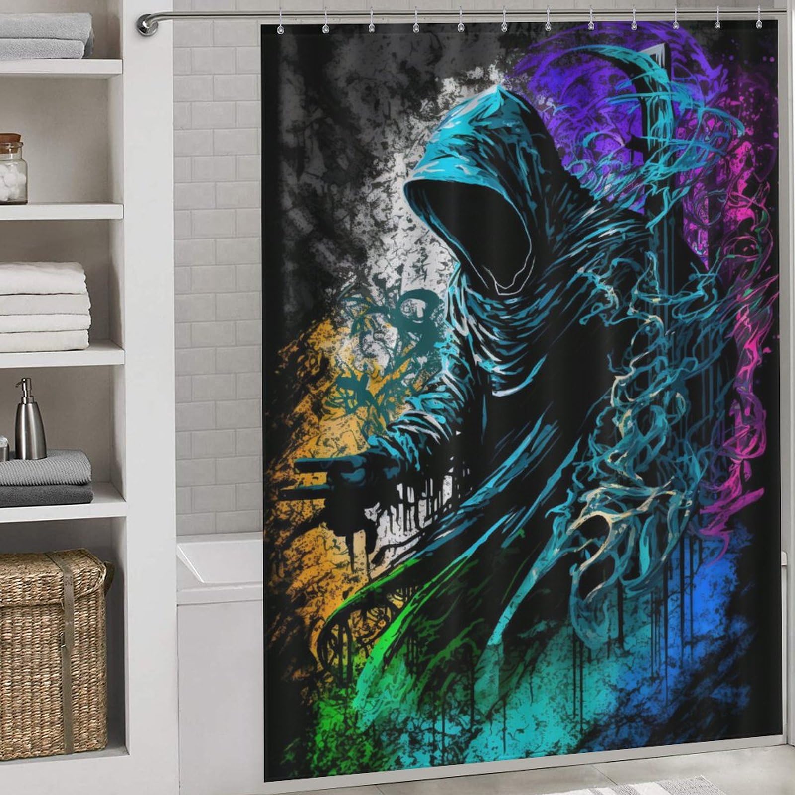 Rideau de douche faucheuse 168x183 cm étanche en tissu textile avec crochets pour salle de bain