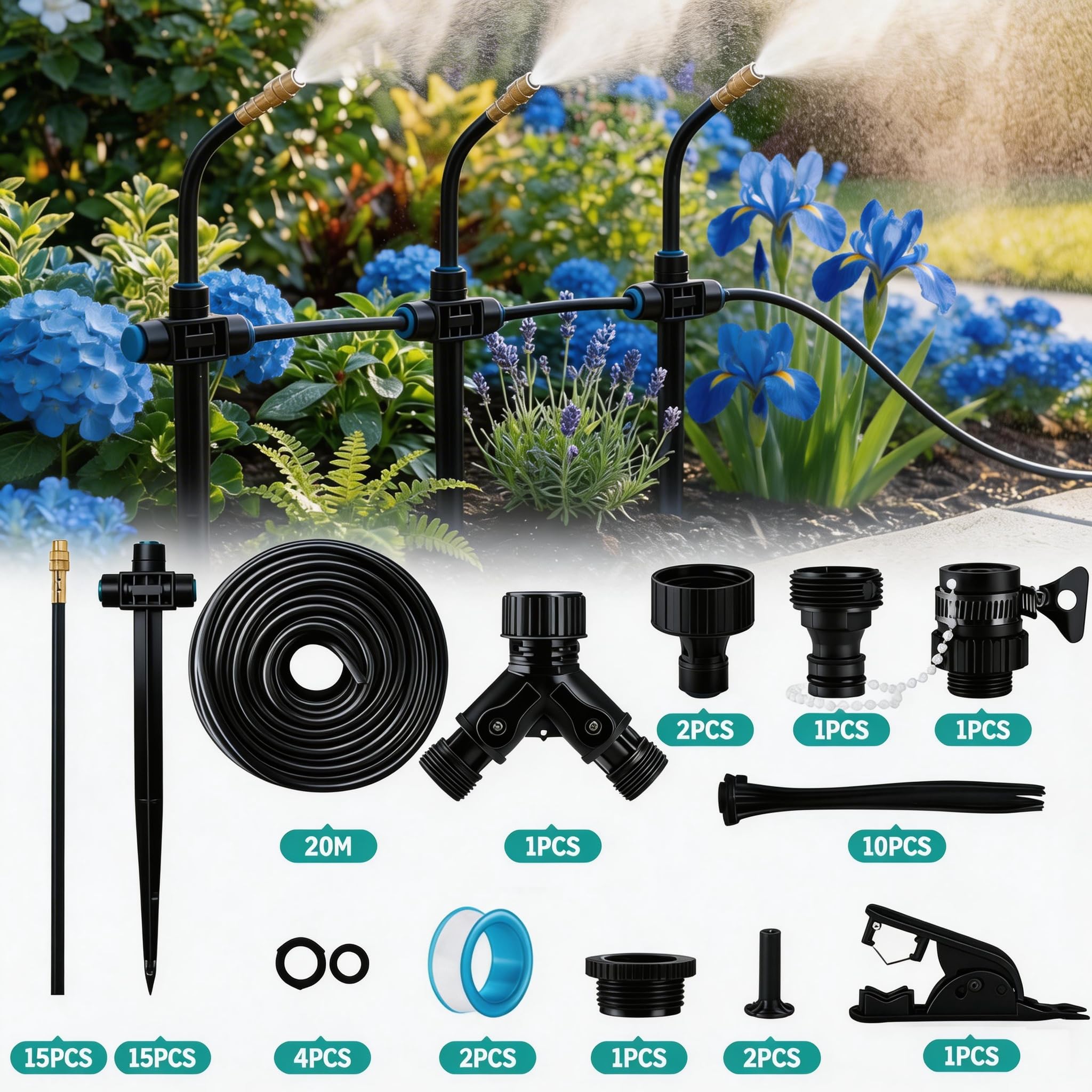 Sistema di irrigazione a goccia per giardino e balcone – regolabile a 360°, flusso controllabile; adatto per serre, aiuole e piante in vaso. (20M)