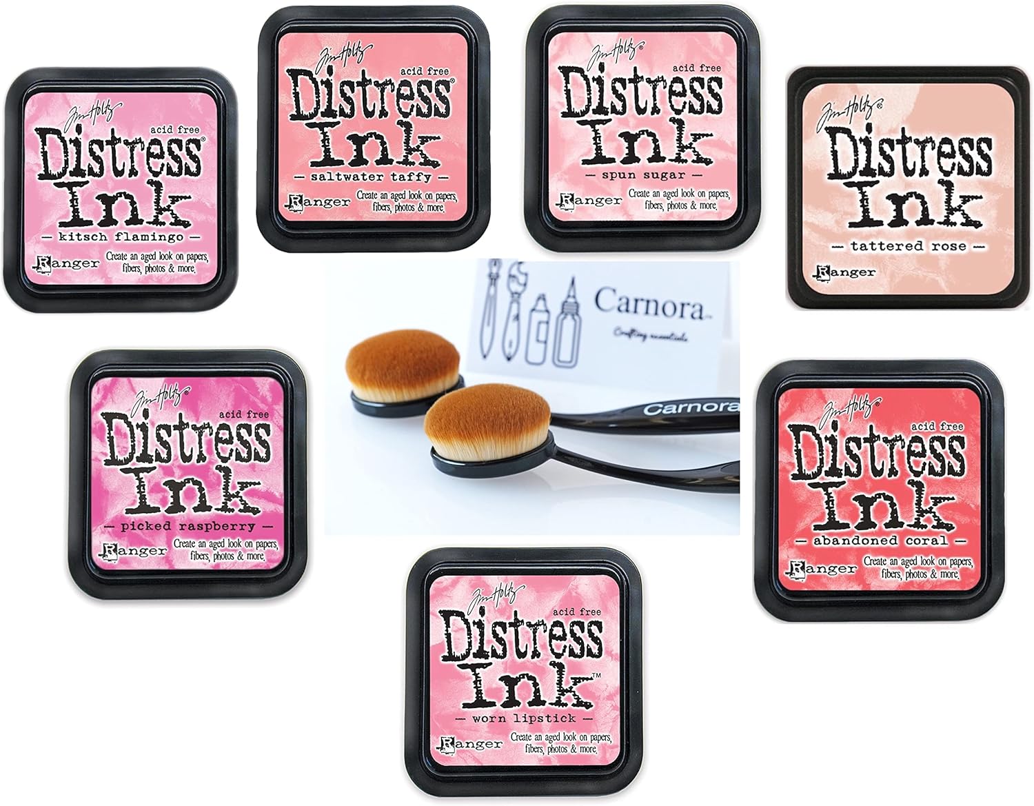 Tim Holtz Perfectly Pink Distress Inks, 7 Ink Pads, Saltwater Taffy, Kitsch Flamingo, Picked Raspberry, Abandoned Coral, Spun Sugar, Tattered Rose, Worn Lipstick, + 2 Carnora Blending Brushes