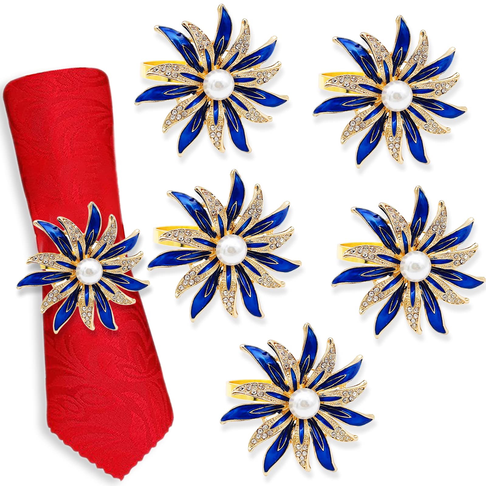 Napkin Rings Set of 6, Blue Rhinestone Flowers Napkin Rings Table Decorations for Dining Room, Napkin Button for Party, Weddings, Anniversaries, Easter Decoration