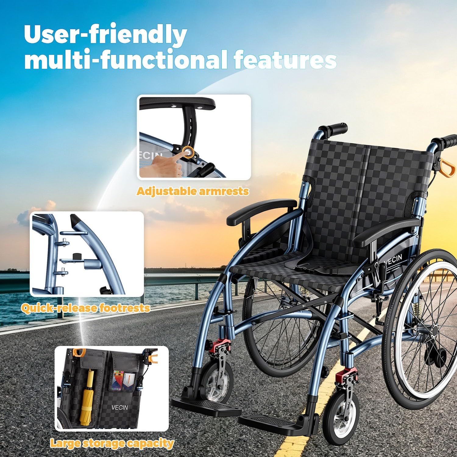 Silla de Ruedas Plegable Ligera, Doble Freno, Reposapiés Extraíbles
