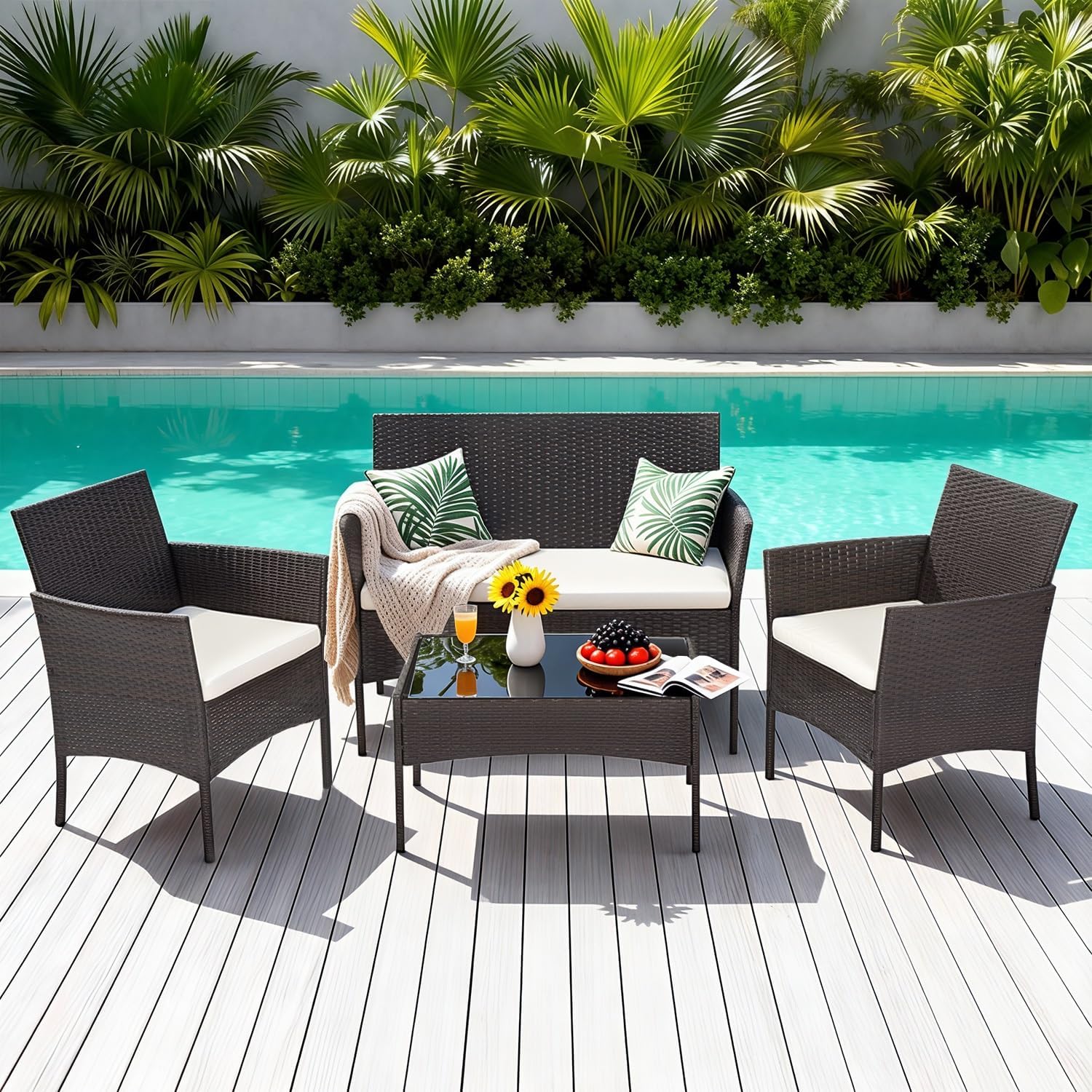 FDW | 4-Piece Patio Furniture Set | Brown | Outdoor Wicker Furniture with Coffee Table | Modern Rattan Chairs Conversation Set | Outdoor Seating | Weather-Resistant | for Porch, Garden, Lawn