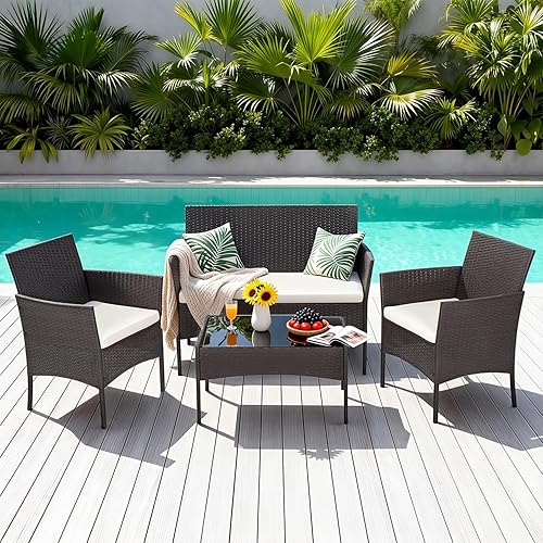 Miniatura 75 de FDW Juego de muebles de patio de 4 piezas Muebles de mimbre para exteriores con mesa de centro Juego de sillas de ratán modernas Asientos al