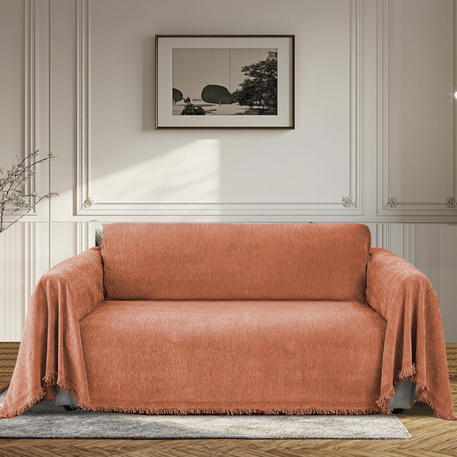 Bellahills Orange Sofa Cover 3 Seater Chenille Sofa Covers 2 Seater Armchair Covers L Shape Sofa Slipcover Non-Slip Couch Covers With Tassel Sofa Protector From Dogs, 180X260cm,