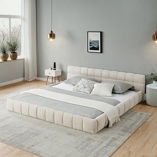 Base de cama tapizada tamaño California King con tela de felpilla gruesa, cama de plataforma con cabecero copetudo, marco de madera maciza, diseño