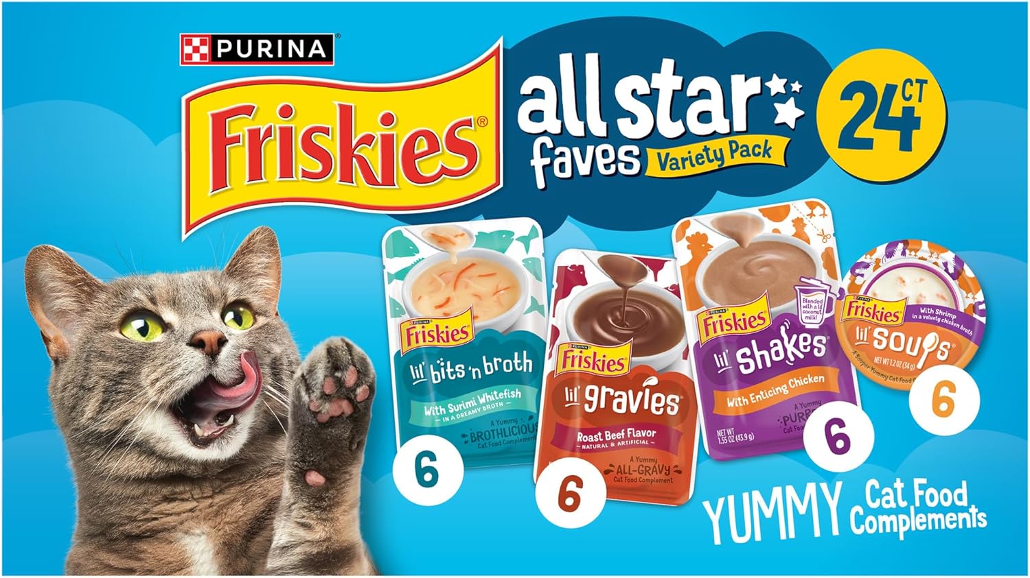 Purina Friskies All-Star Faves Soups, Broth and Gravy Cat Food Complement Wet Cat Food Variety Pack - 24 ct. Box