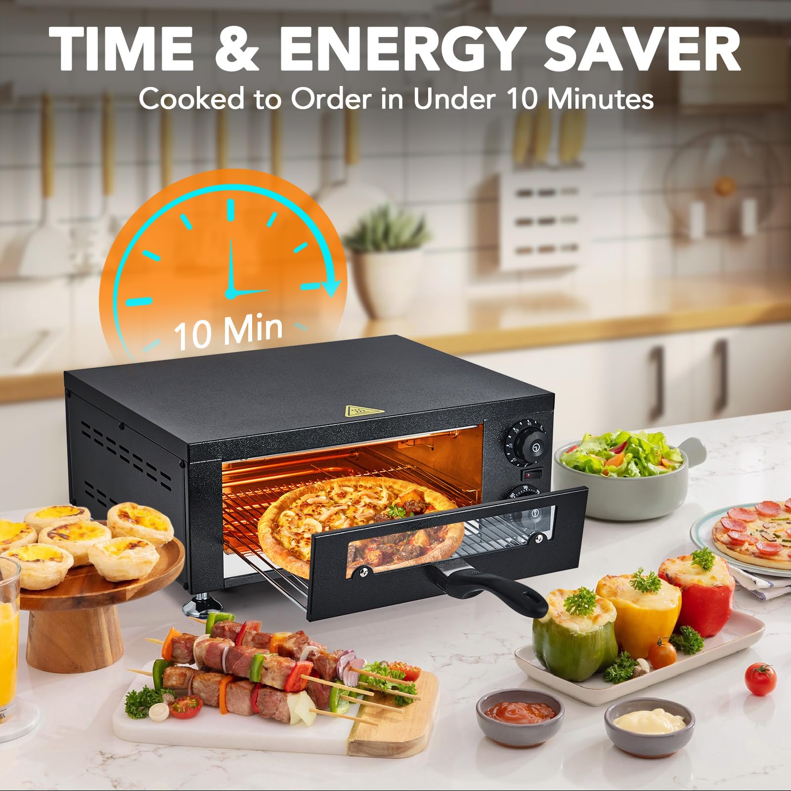 Electric Pizza Oven Indoor Countertop Pizza Oven with Viewing Window, 12 Inch Stainless Steel Electric Countertop Pizza Maker for Fast Baking, Kitchen, Restaurant, Home Use, 1100W, Black - Detailed View