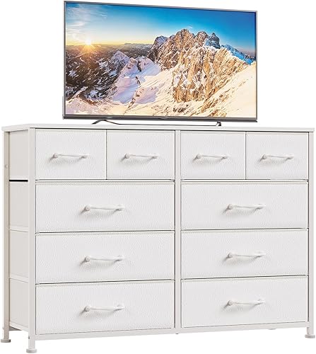 Furnulem Cómoda blanca para dormitorio, 10 cajones para soporte de TV de 55 pulgadas de largo, centro de entretenimiento, organizador de