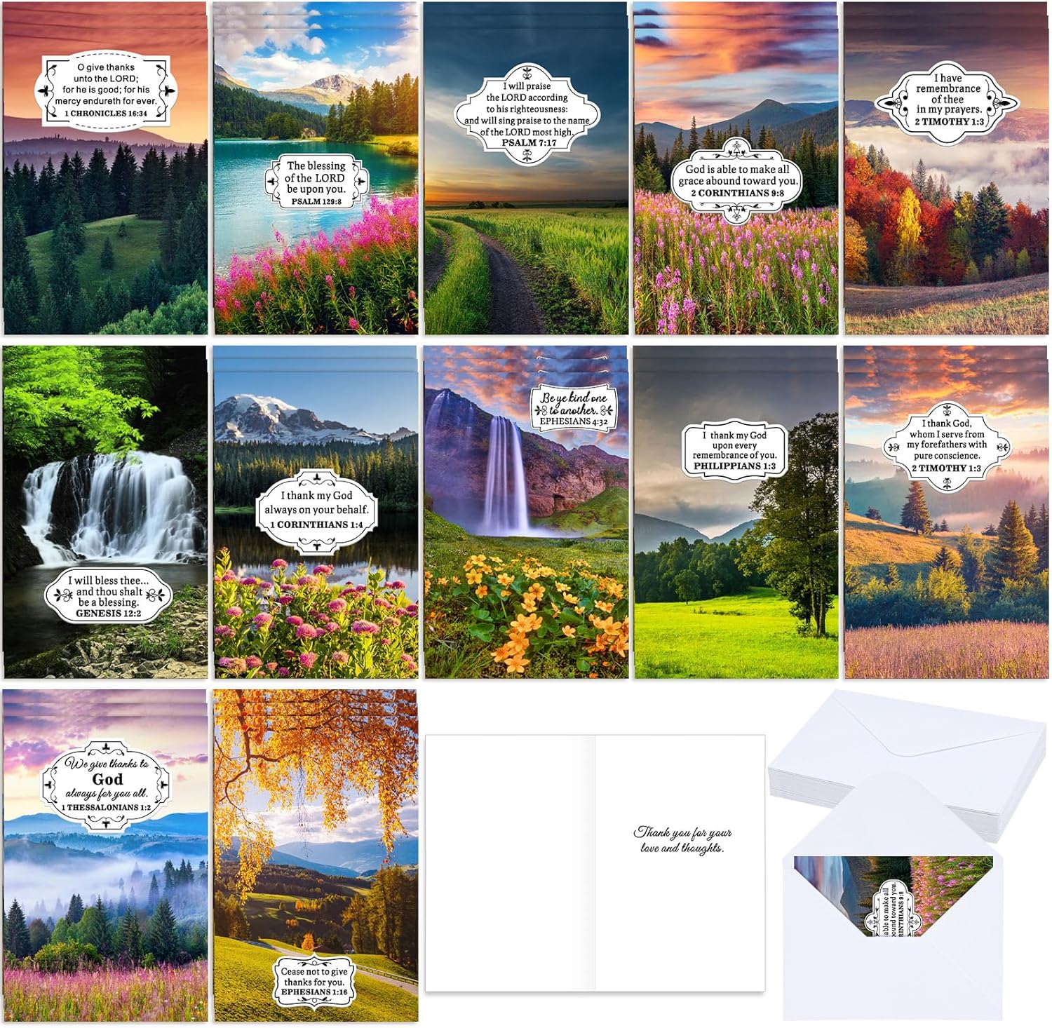 36 Set Religious Christian Thank You Cards with Scripture and Envelopes Bible Verse Blessings Cards of Appreciation 12 Landscape Designs 4 x 6 Inch