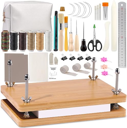 45 Pcs Book Binding Kits Bookbinding Kit Book Press 7.9”x11.6” with Book Binding Materials Bone Folder Tool Binding Cloth Webbing Strap and Storage Bag for Binding and Repair