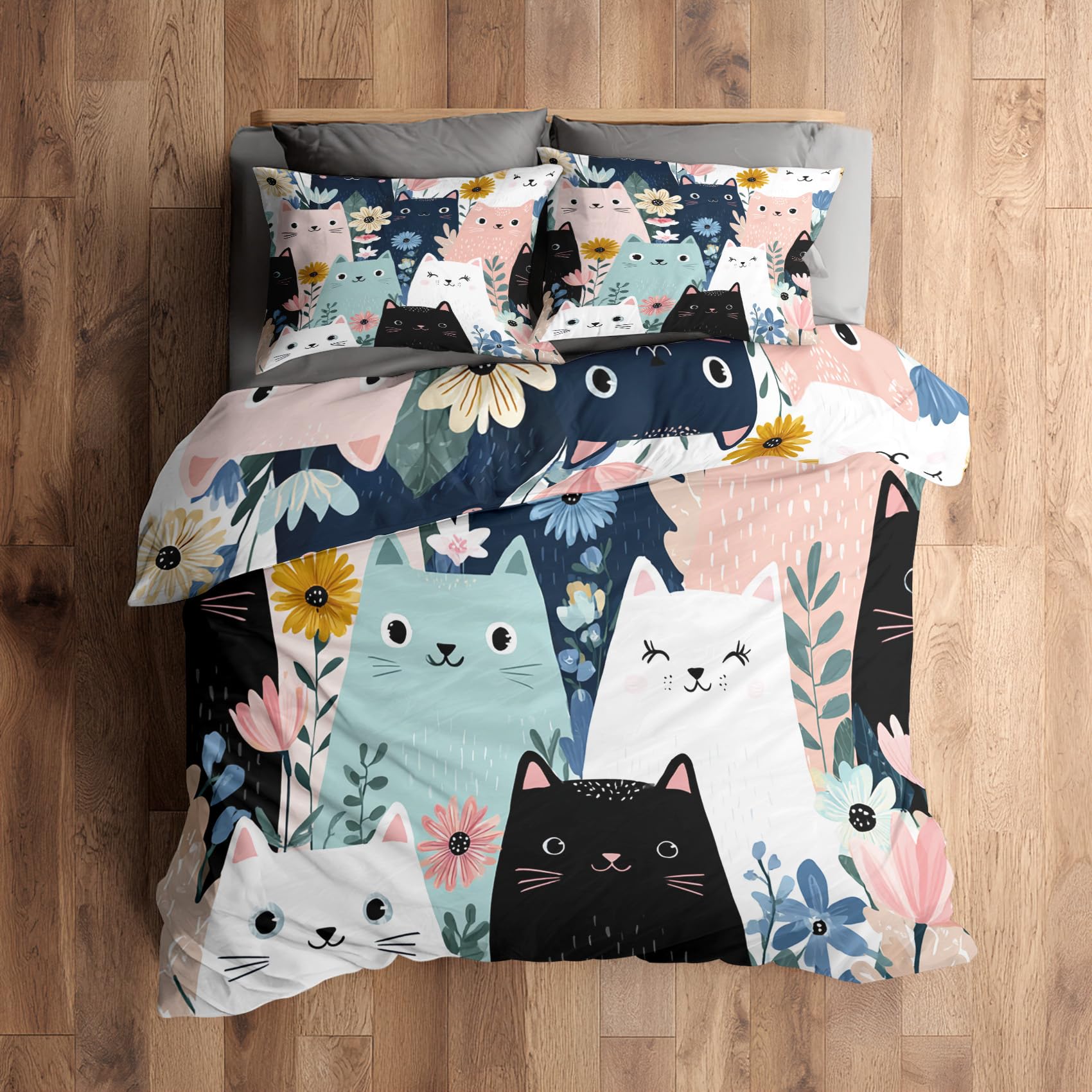 Housse de couette 200x200 chat anti-plis pour un lit deux personnes facile à border