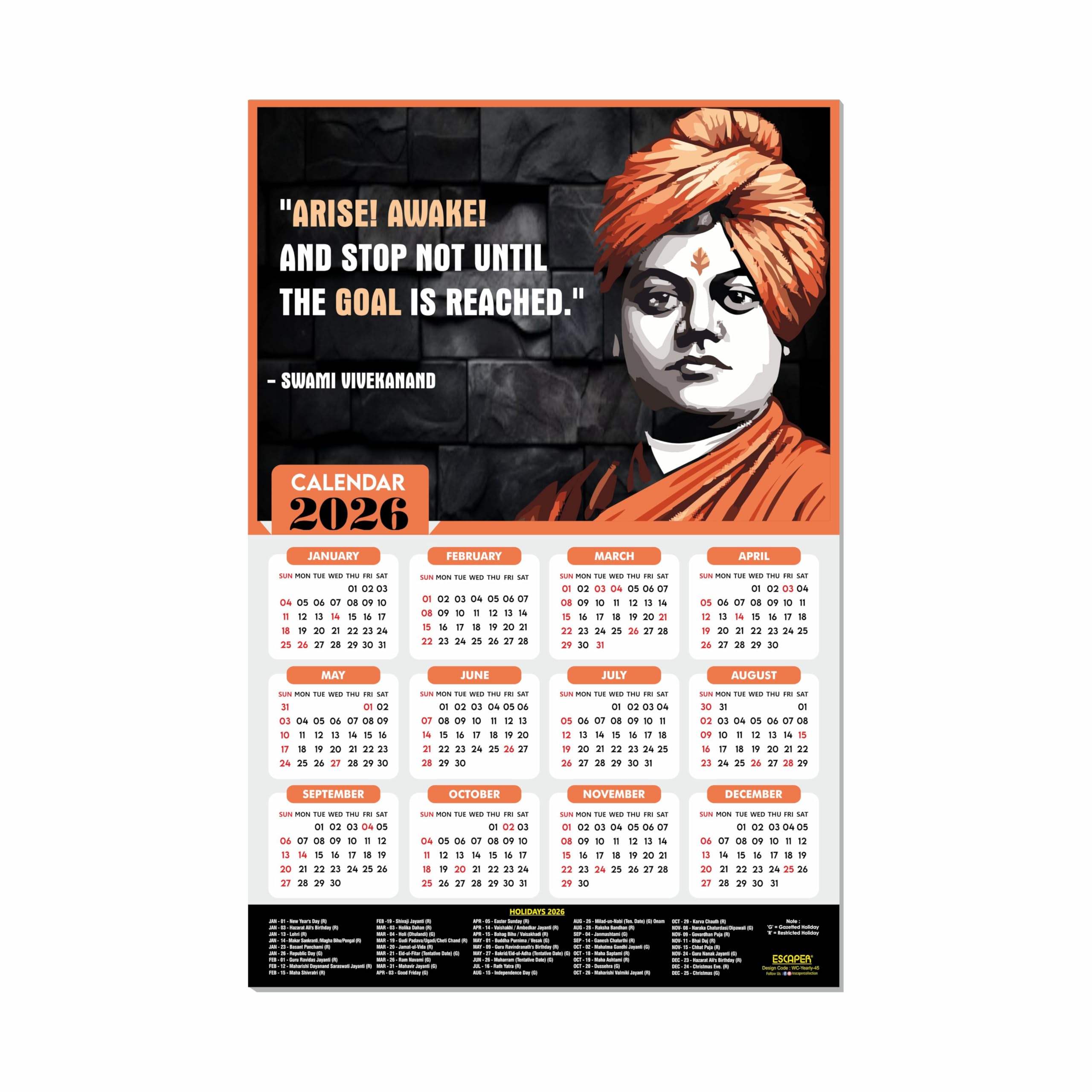 ESCAPER Swami Vivekananda Inspirational Wall Calendar 2026 – 12 x 18 Inch, Motivational & Famous Quotes, Perfect for Home, Office, and Room Décor-picture-27