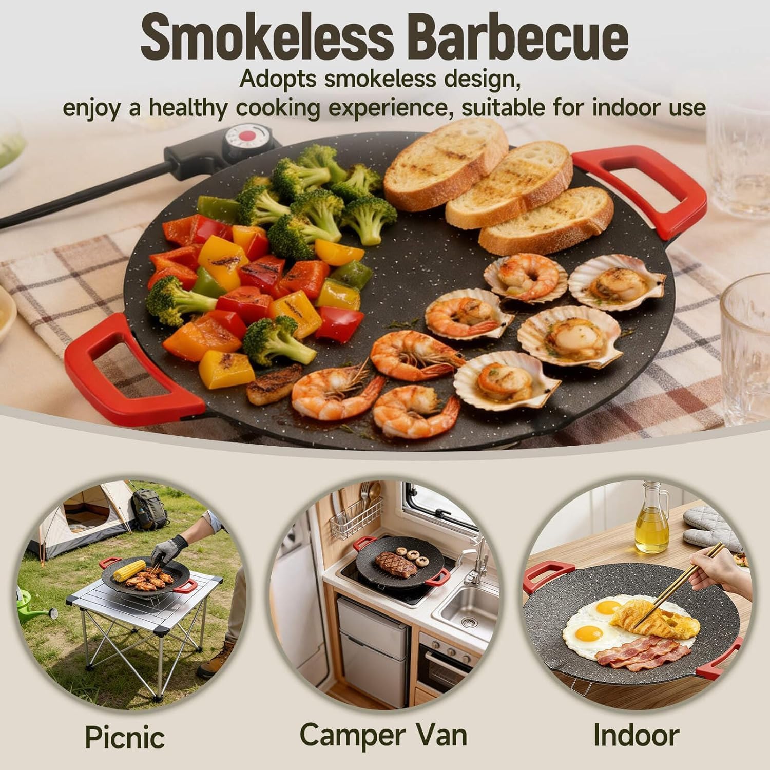 Indoor Grills Electric Smokeless, 2026 Upgraded Nonstick Electric Griddle for Indoor Use, Adjustable Temp, Fast-Heating Tabletop Grill for Steaks, Burgers, Pancakes, BBQ (12in)