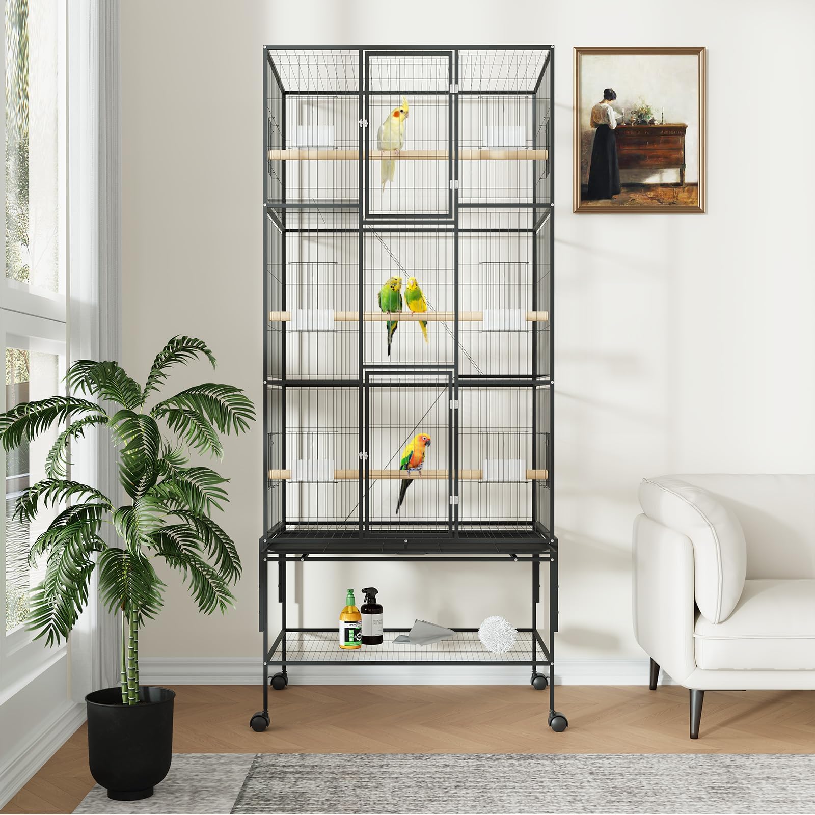 XXL Vogelkäfig Voliere 181,6 cm Hoch, Großer Käfig für Papageien mit Rollen und herausnehmbarer Schublade, Gitterabstand 1cm, klappbarer Metallkäfig für Wellensittiche Nymphensittiche, 70x49,5x181,6cm