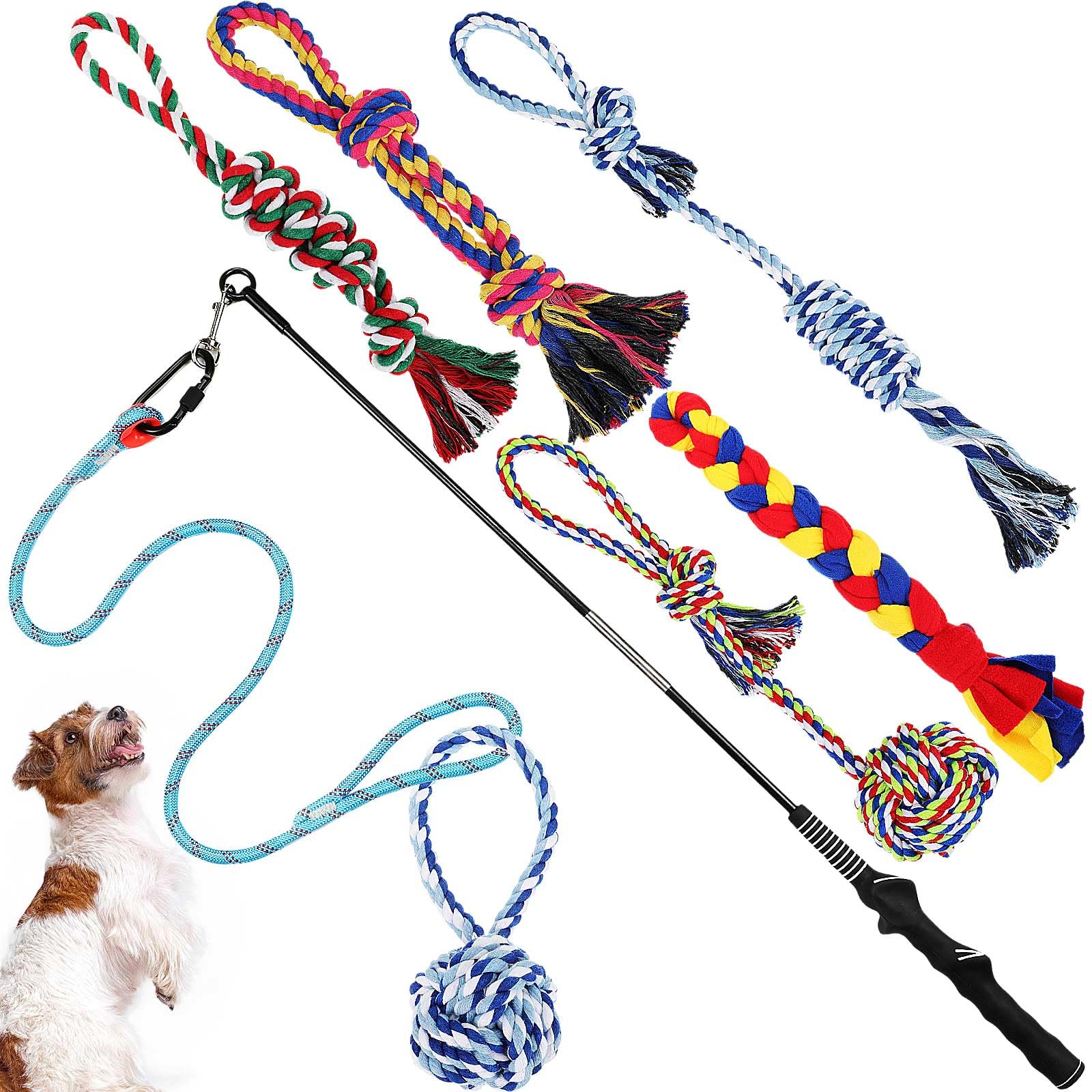 Leyndo 7 Pcs Flirt Pole for Dogs with 6 Flirt Pole Replacement Toys Puppy Teething Toys for Small Medium Dogs Exercise Training