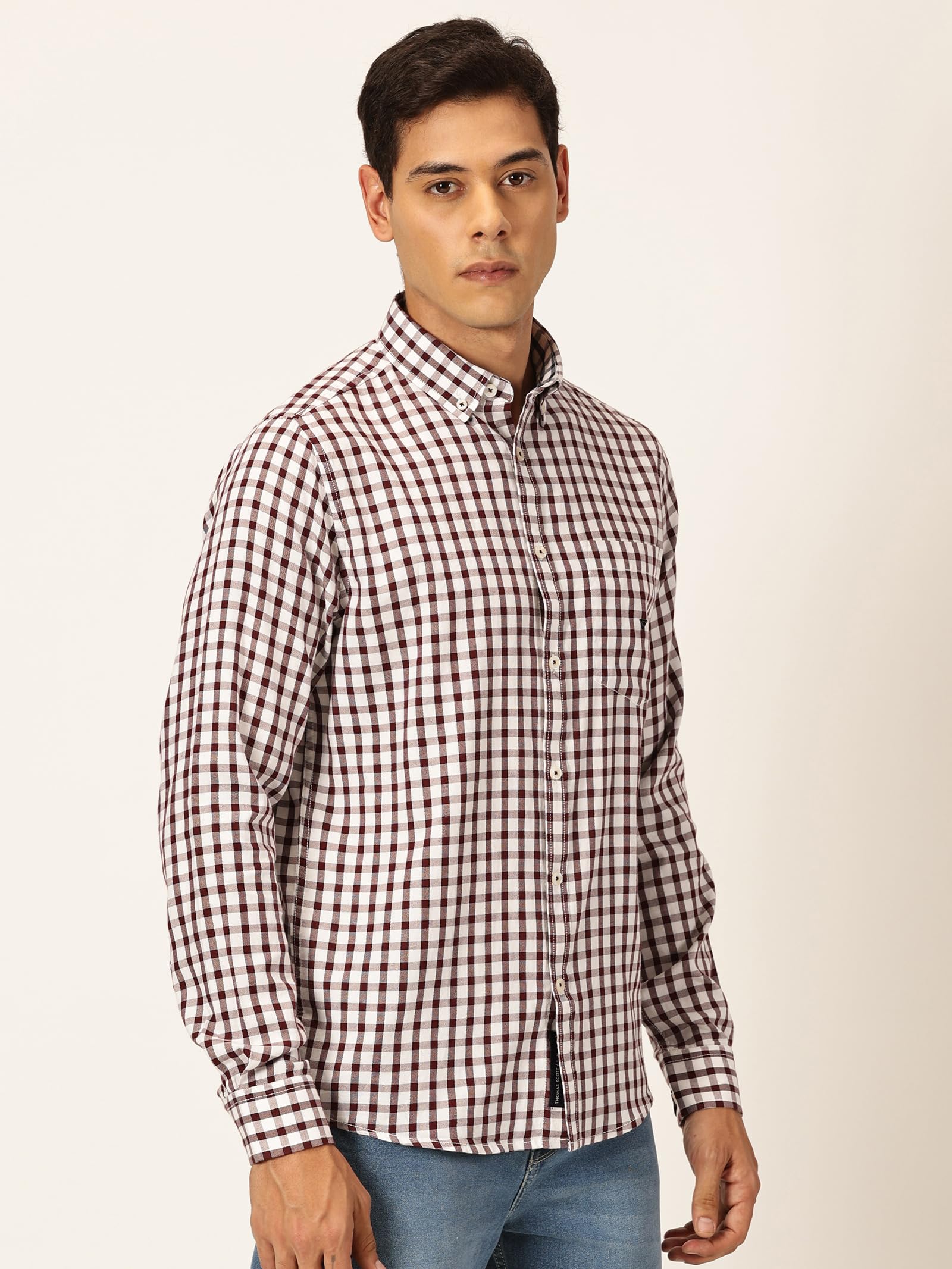 Thomas Scott Uomo 100% Cotone Maniche Piene A Scacchi Camicia Casual