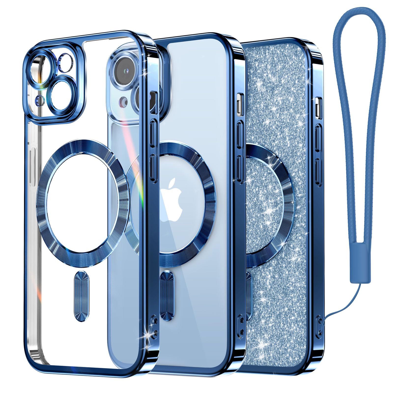 Meifigno Candy Mag Series Case Designed for iPhone 15 Plus, [Compatible with MagSafe] [Glitter Card & Wrist Strap] Full Camera Lens Protection Designed for iPhone 15 Plus Case Women Girls, Dark Blue