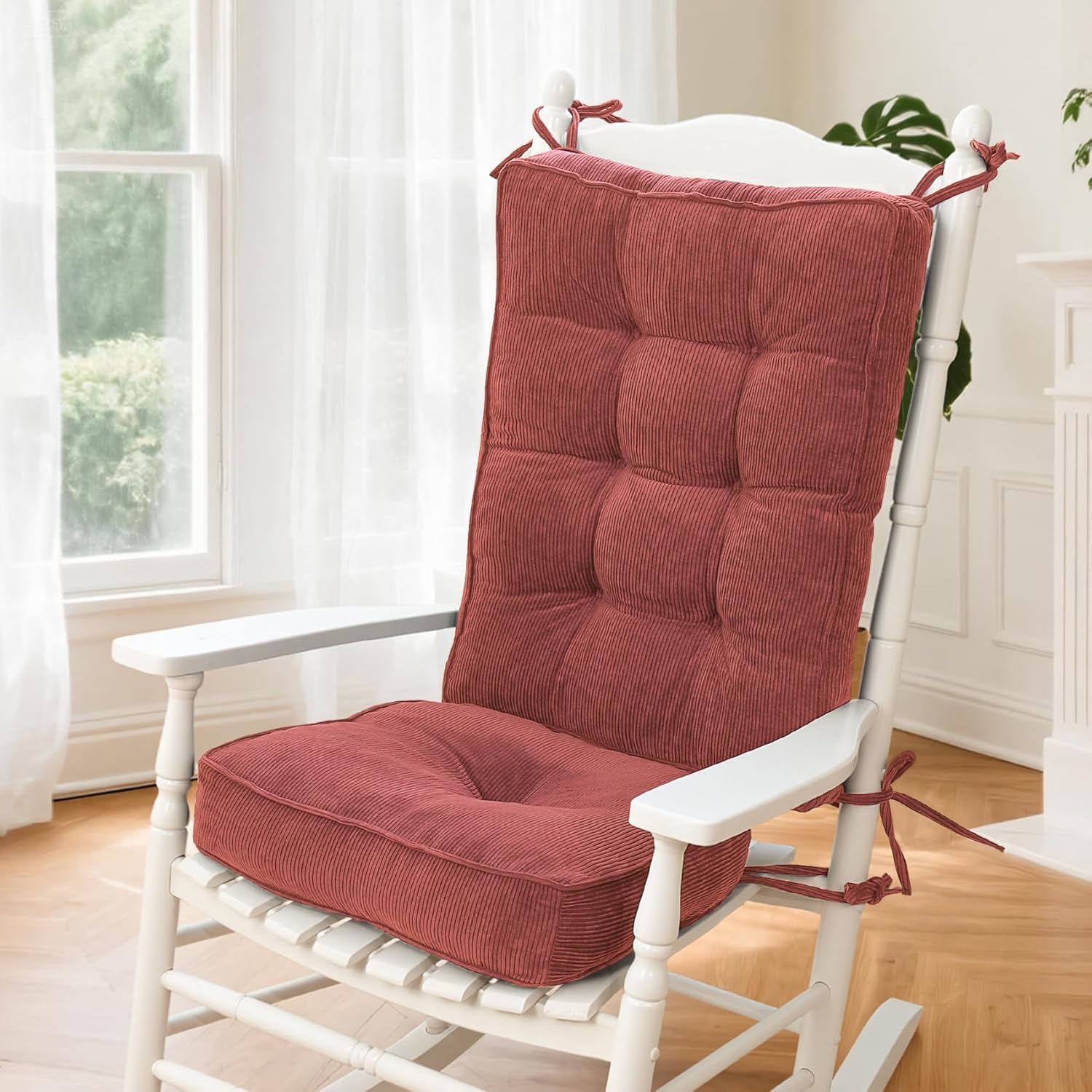 Rocking Chair Cushion - Non-Slip Thick Rocking Chair Pad Indoor with Ties High-Back Rocker Cushion Set for Porches Balconies Nurseries & Living Rooms