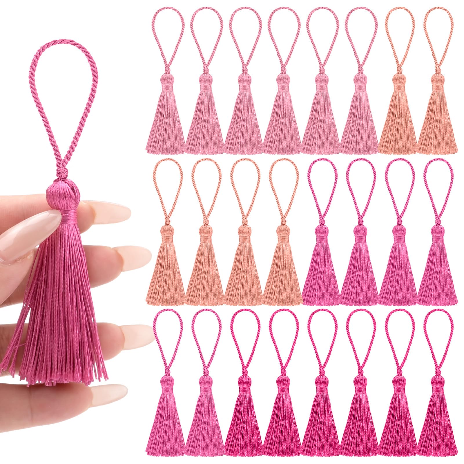 NACHLYNN 24PCS 4.3 Inch Handmad Silk Tassels for Crafts with 2 Inch Loops 2.37 Inch Tassels for Keychains Making DIY Jewelry Bookmarks Earrings Craft Accessory Tags(Pink Series)