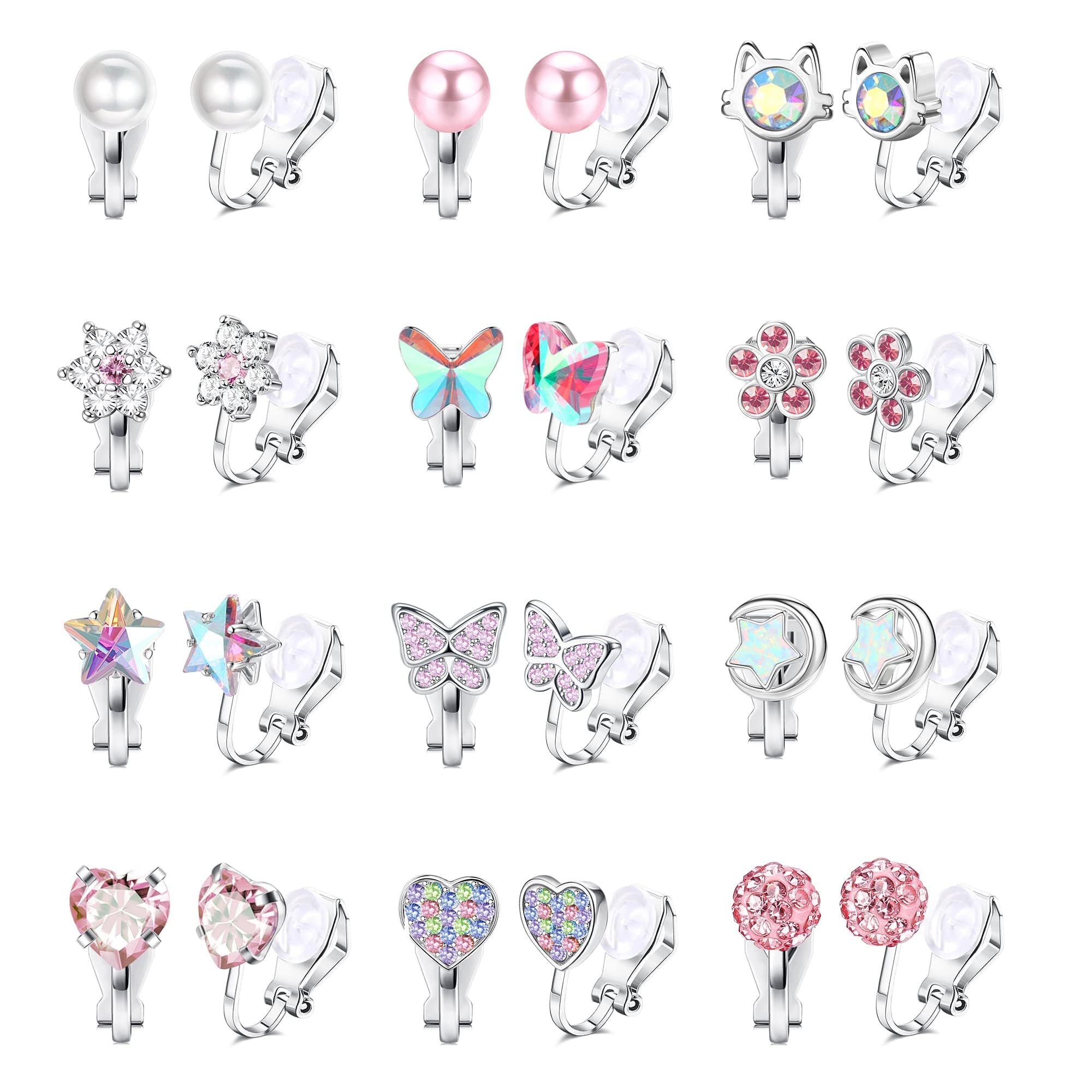 BESTEEL 12Pairs Cute Clip on Earrings for Women Girls Hypoallergenic Turtle Heart Star Butterfly Flower Pearl CZ Clip Earrings Multicolored Clip-on Stud Non Pierced Earrings Set