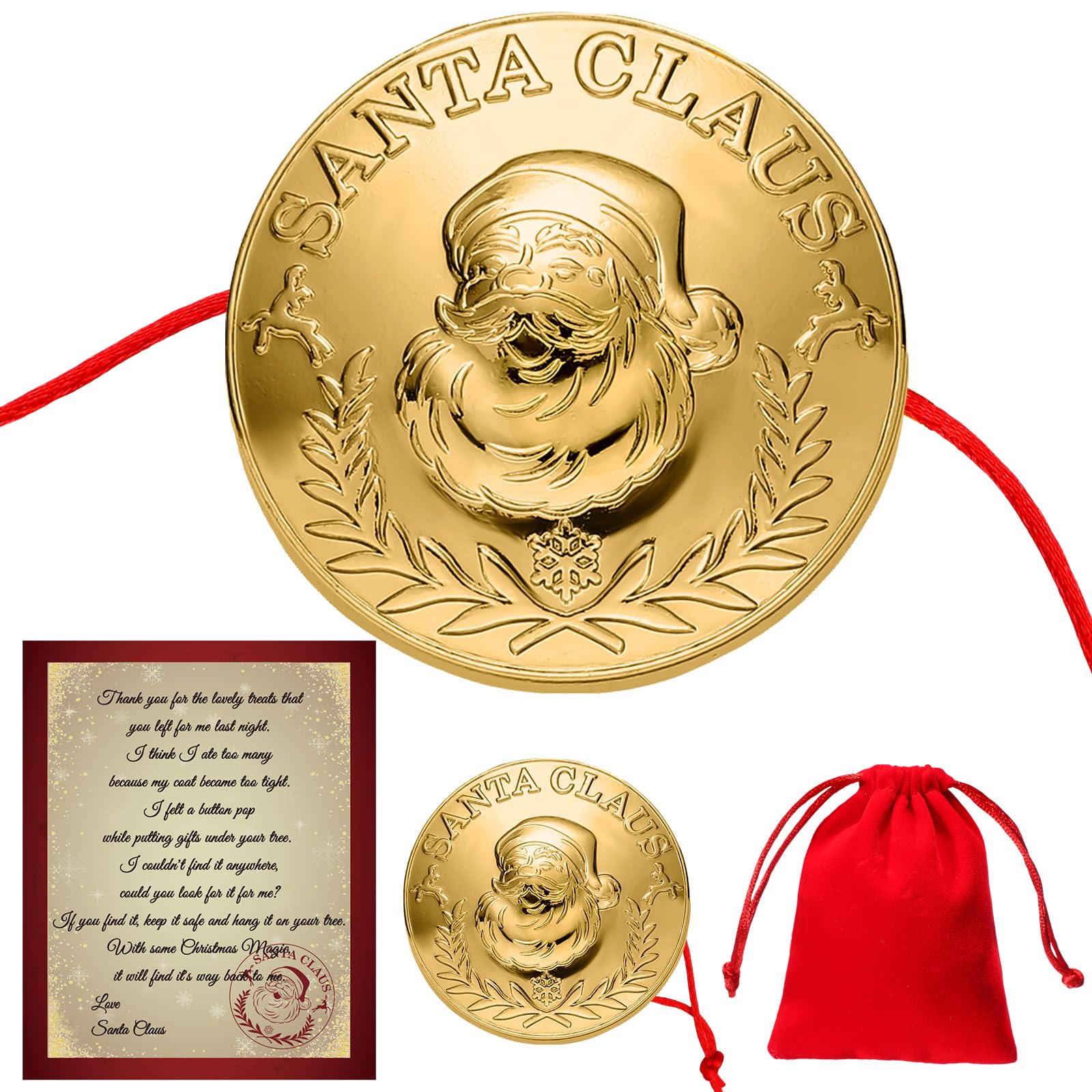 Santa's Lost Button Extra Large Gold 1.5" Diameter Santa Lost Button with with Letter from Santa and Red Velvet Bag for Christmas Morning Santa Leave