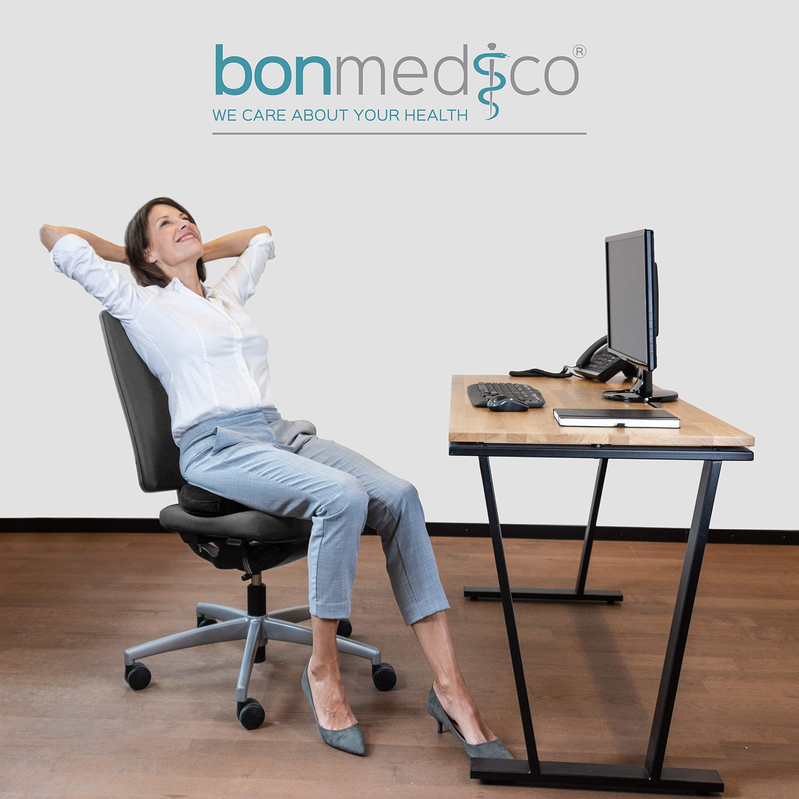 bonmedico Coussin Coccyx Orthopédique - de Chaise Bureau - de Siège Ergonomique pour Bureau et Voiture - Bouée Médicale Ergonomique en Gel et Mousse à Mémoire de Forme (Noir Velours, Large)