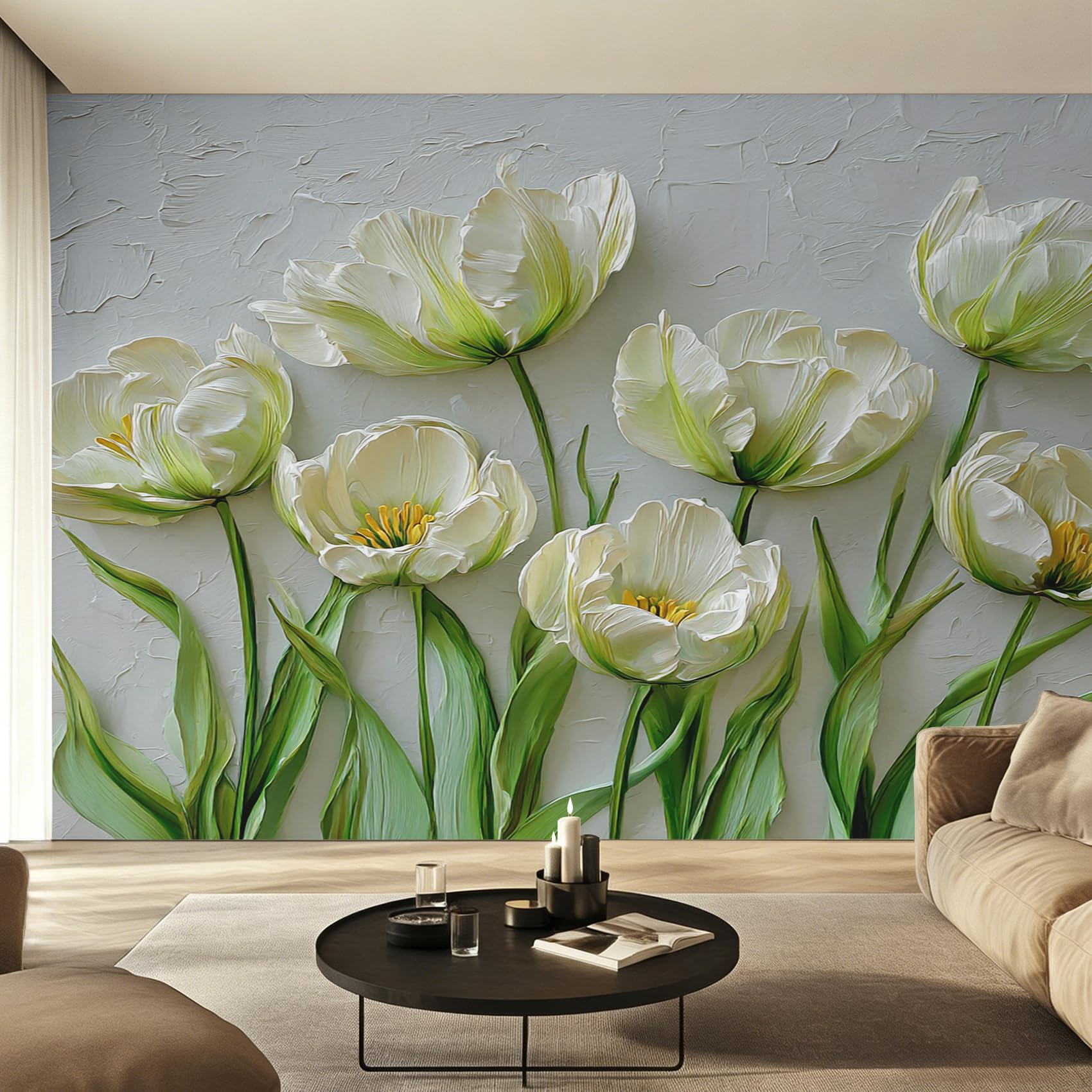 Papier peint floral blanc 3D grand format pour une chambre parentale apaisante