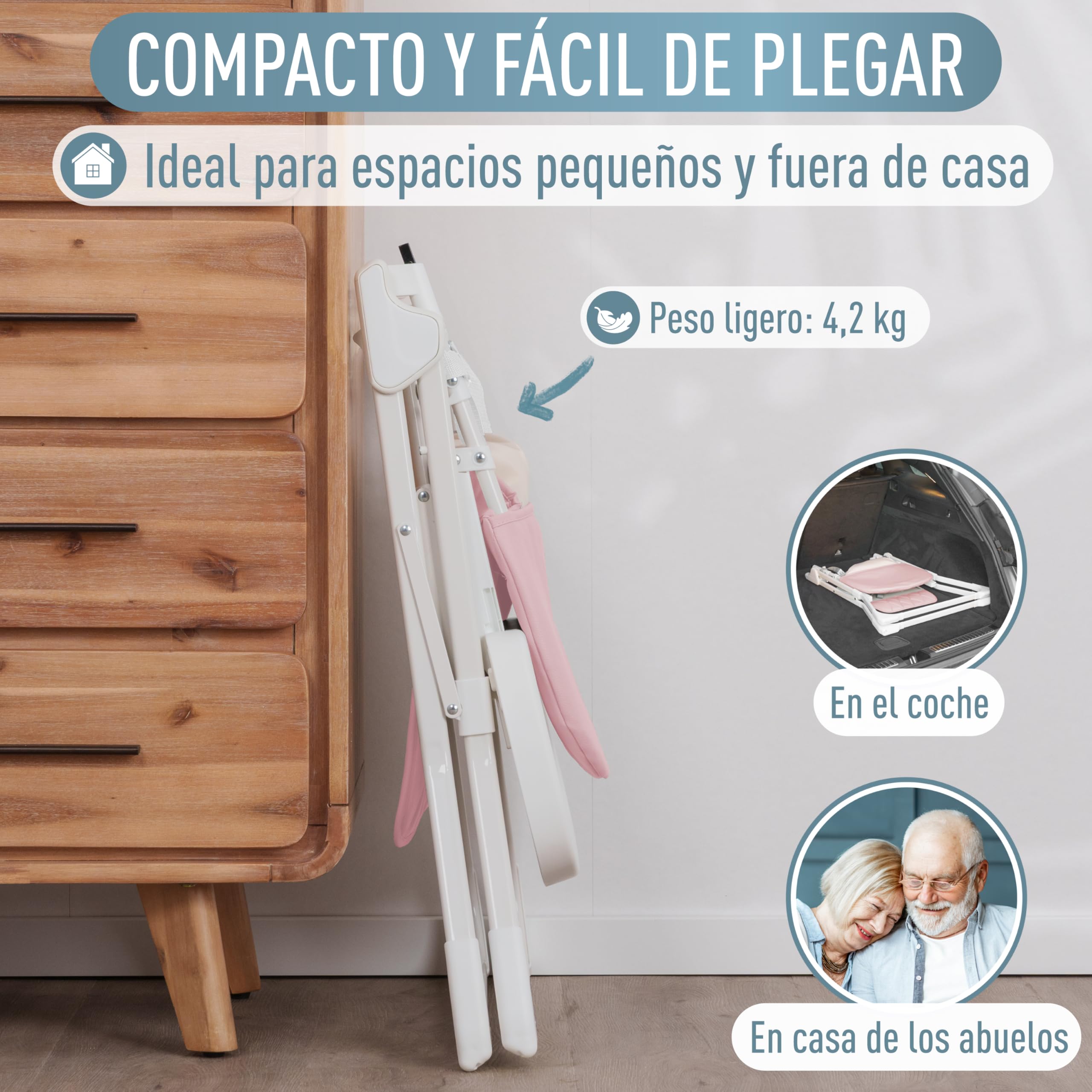 IB STYLE Trona Bebé Leno - Silla de Comer Plegable y Ahorra Espacio, Evolutiva con Bandeja y Reposapiés, Arnés de 5 Puntos, Asiento Acolchado, Fácil de Limpiar, de 6 Meses a 3 Años (15 kg), Rosa