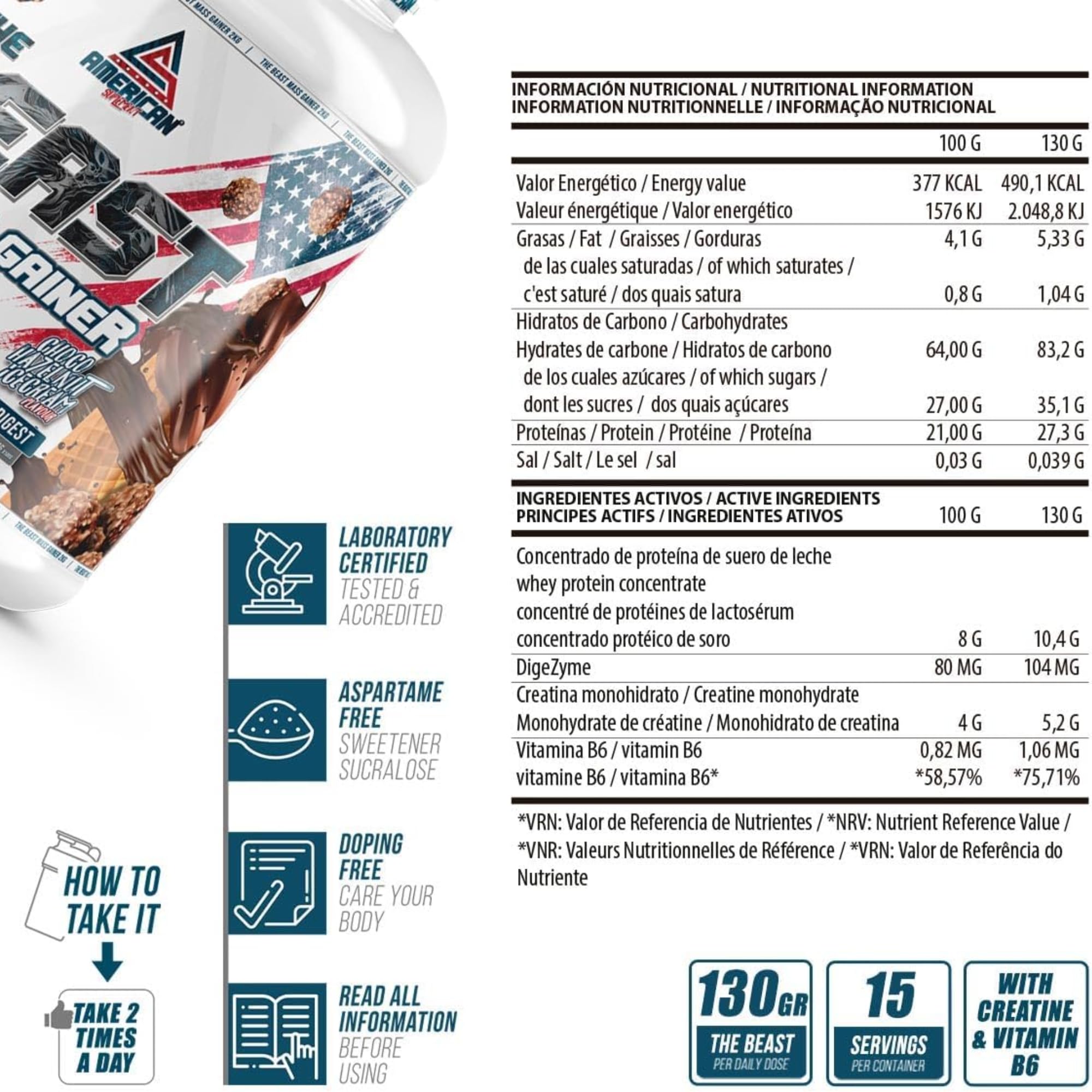 The Beast Mass Gainer | 2 kg | Vainilla | Contiene Creatina Monohidrato | Ayuda a Subir de Peso | Alto en Carbohidratos y Proteínas
