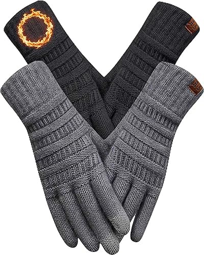 2 Pairs Winter Gloves for Women, Touch Screen Warm Knit Thermal Gloves