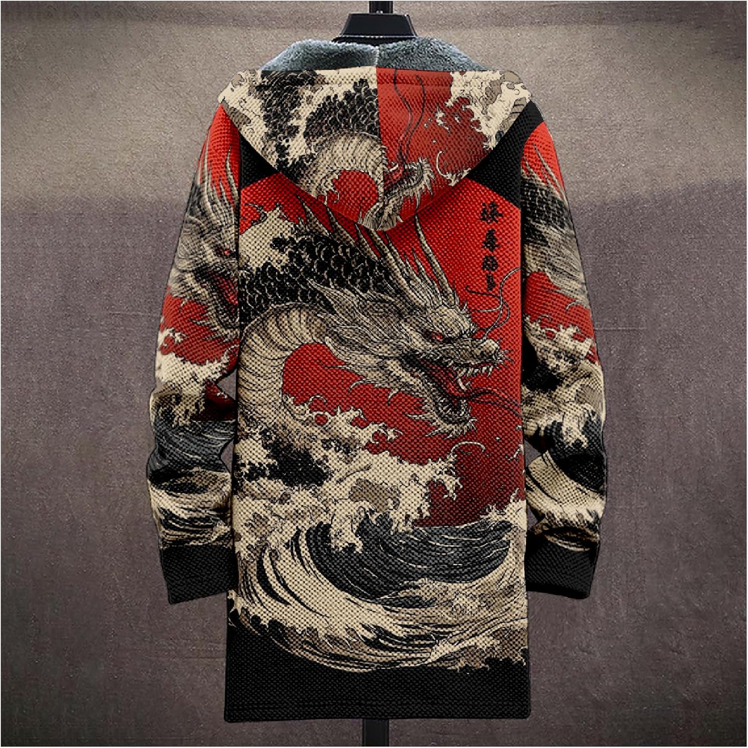 Mens Hooded Cardigan Japanese Art Zip Up Long Sleeve Sweater Hoodie Dragon Print Coat with Pockets