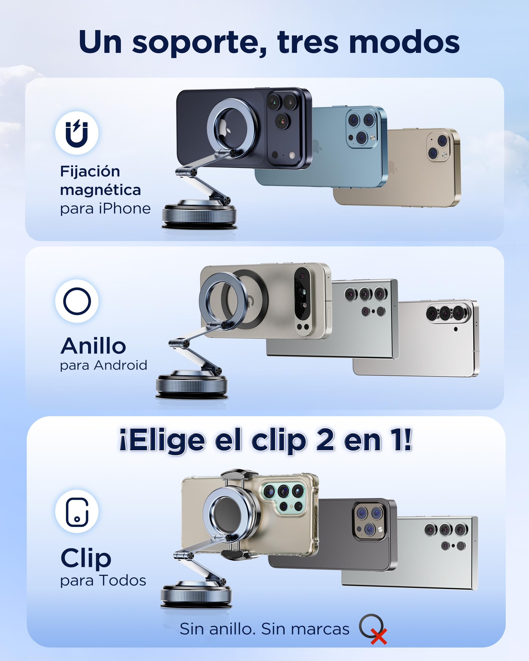 MSXTTLY Soporte Magnético para Coche con Clip Adaptador, Vmag-S3 Brazo Largo + Clip, Sin MagSafe, Sin Anillo, Posición Flexible, para iPhone y Android