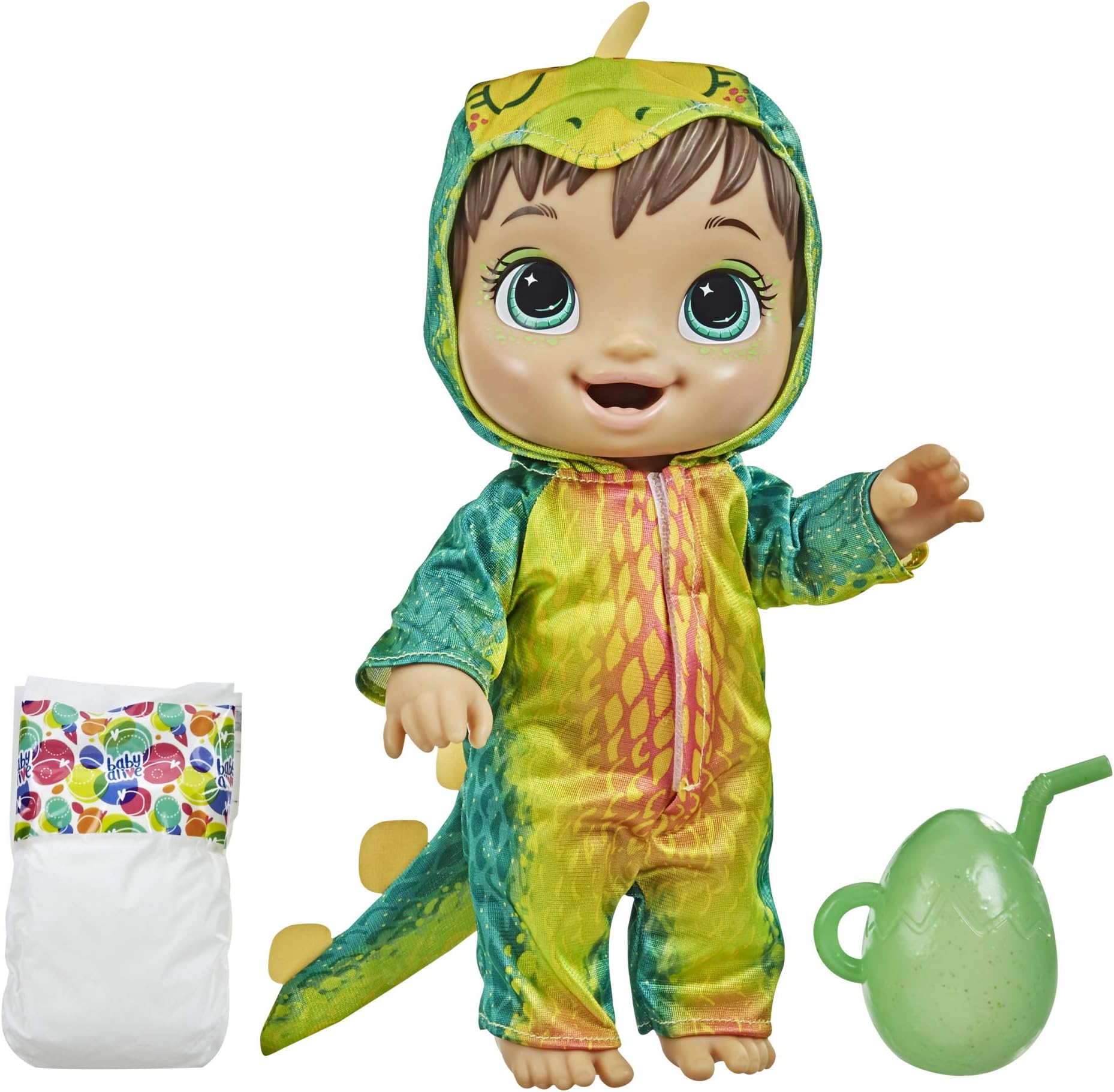 Baby AliveDino Cuties Doll, Stegosaurus, Doll Accessories, Drinks, Wets, Stegosaurus Dinosaur Toy for Kids Ages 3 Years and Up, Brown Hair