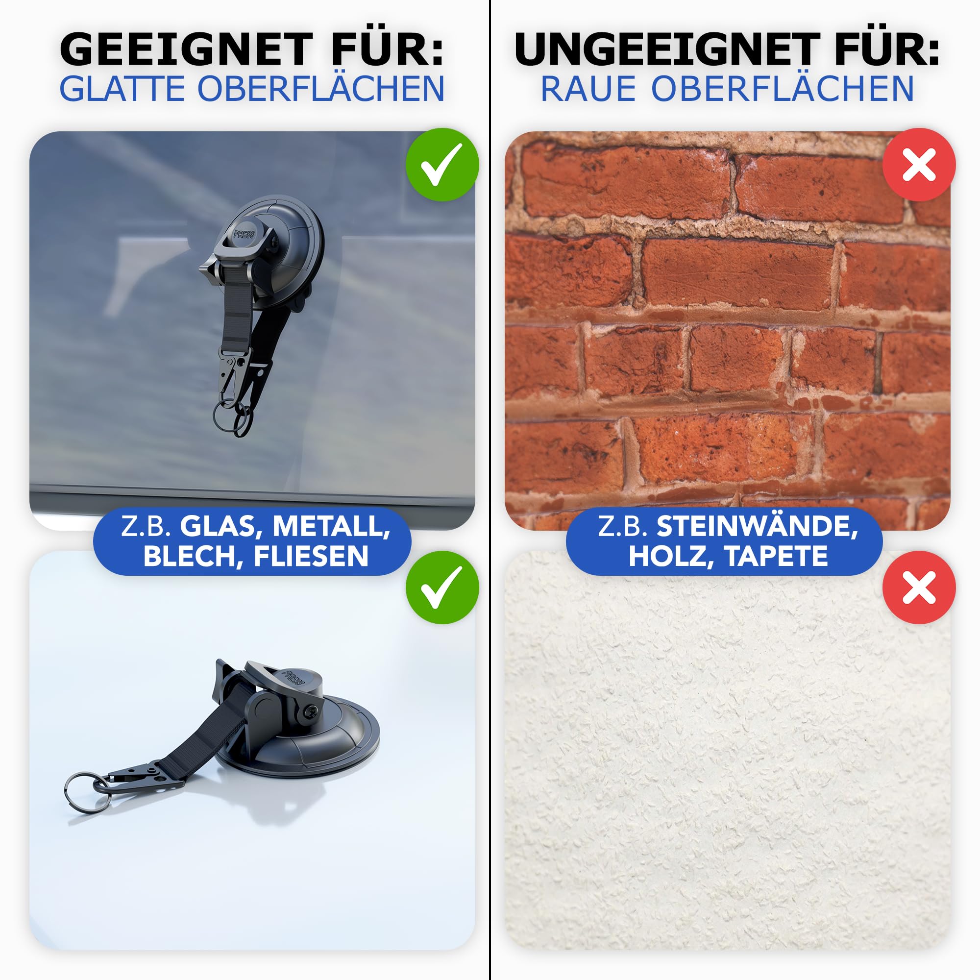 LAINFELD Saugnapf Haken | 4er Set mit Karabinerverschluss und großen Haken | Extra stark | Große Saugnäpfe für Camping, Auto, Balkon | Saughaken
