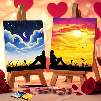 Nuberlic 2 Pack 8x10 Pre Drawn Canvas for Painting for Adults Sip and Paint Kit for Adults Couples Date Night Party Supplies Favors Valentines Day Gift Sunset and Starry Night