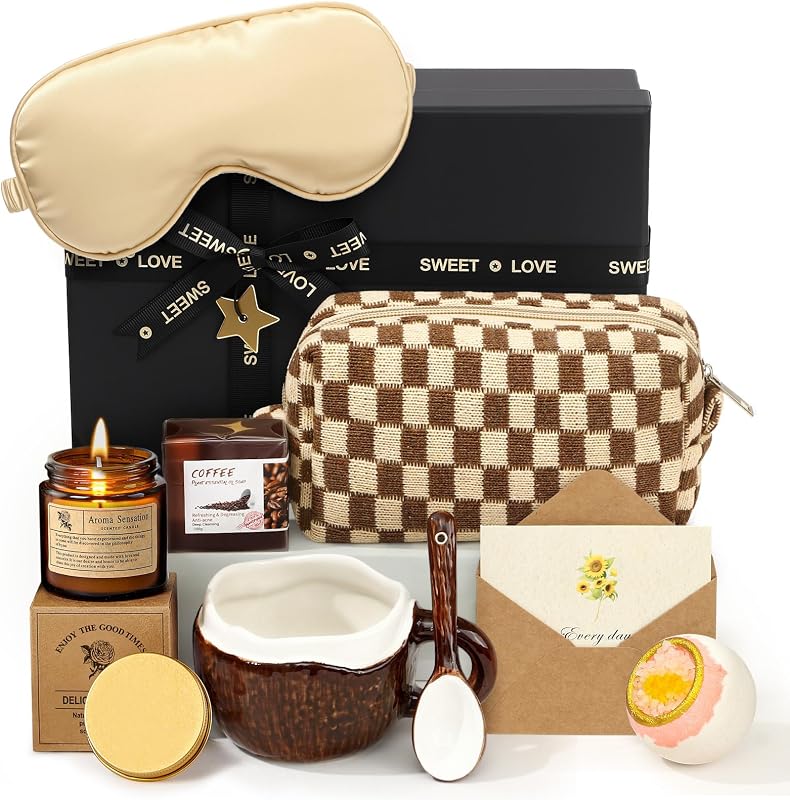 Spa Gift Set for Women, Brown Relaxing Bath Gift with Coconut Mug & Coffee Soap, Women Care Package Get Well Soon Gift, Unique Mothers Day Gifts Idea for Mom Her Friends Sister Wife