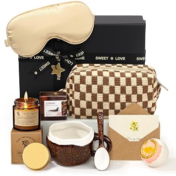 Spa Gift Set for Women, Brown Relaxing Bath Gift with Coconut Mug & Coffee Soap, Women Care Package Get Well Soon Gift, Unique Mothers Day Gifts Idea for Mom Her Friends Sister Wife