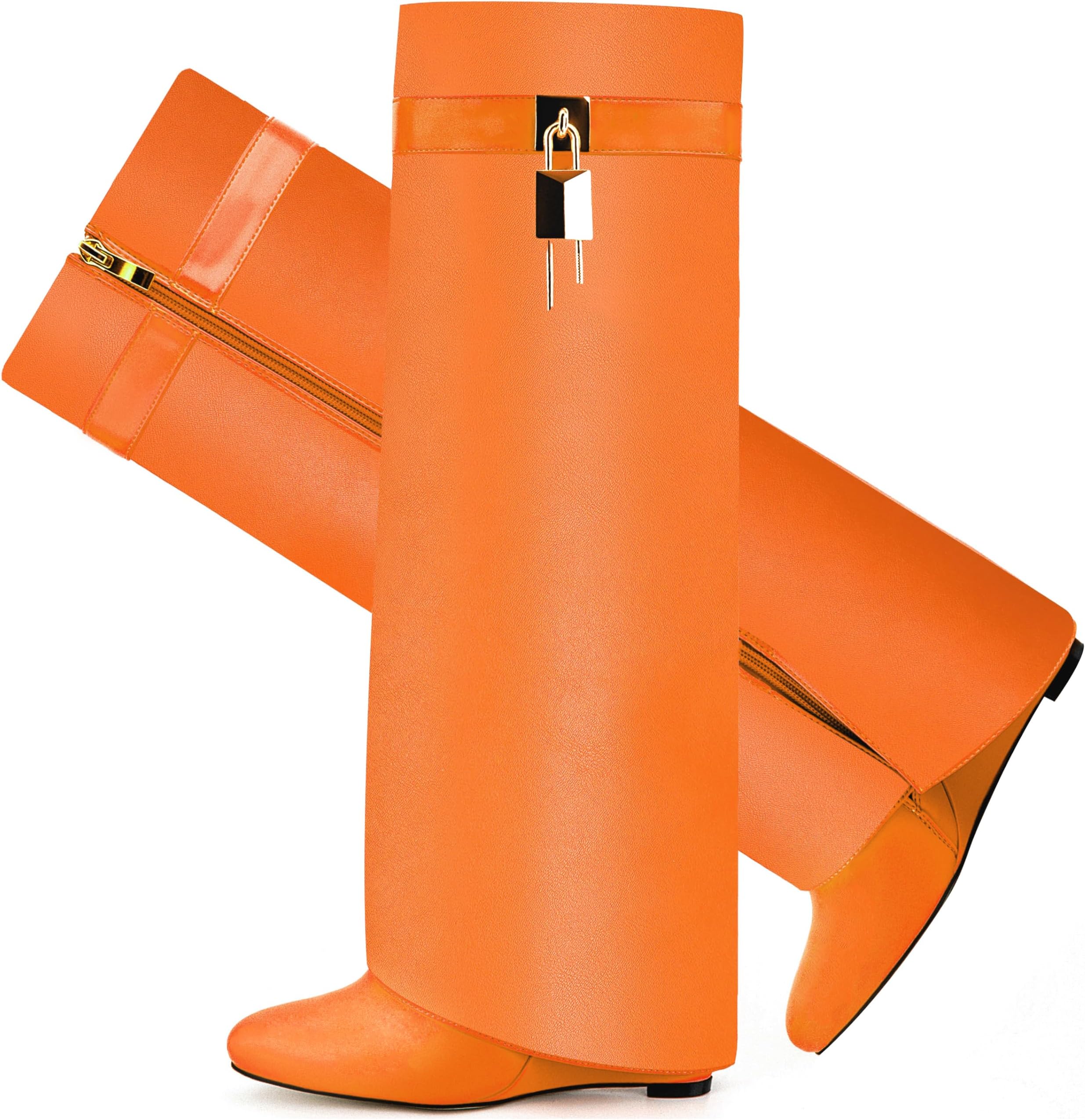 Fold Over Boots for Women Pointy Pull-on Wedge Heel Knee Shark Boot With Side Zipper Padlock Design