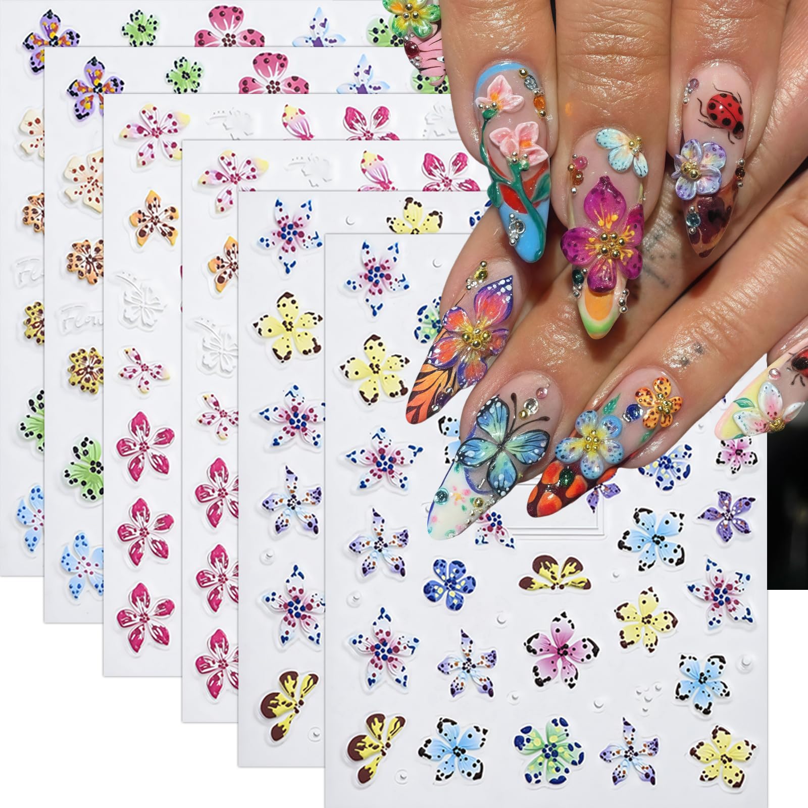 6 Sheets Flower Nail Sticker for Nail Art 5D Hibiscus Nail Art Stickers Elegant Floral Petal Nail Decals Hawaiian Hibiscuss Flower Nails Designs