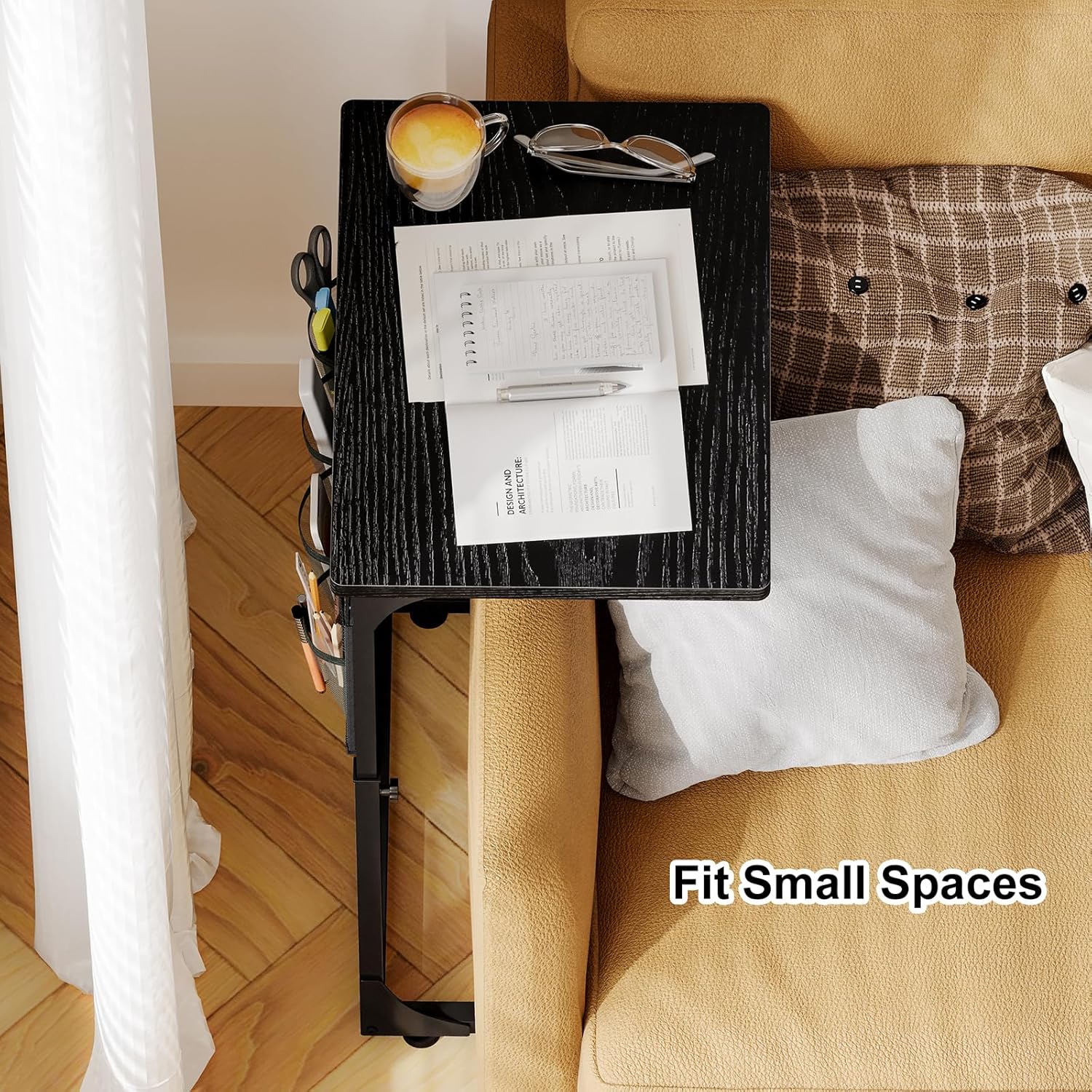 Fixwal C Shaped Side Table Adjustable Height End Table for Couch Small Sofa Table TV Tray with Storage Bag for Living Room, Bedroom & Office, Black