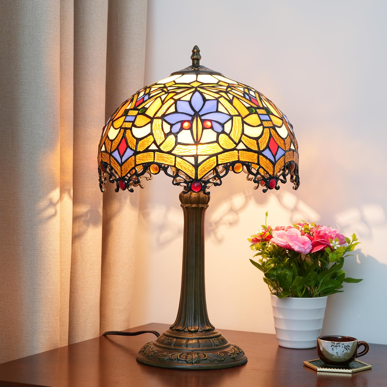 Lampa Tiffany witrażowa lampa stołowa antyczna lampa biurkowa na stolik nocny sypialnia salon dom biuro unikalny uroczy akcent oświetlenie dekoracyjne zawiera żarówkę LED